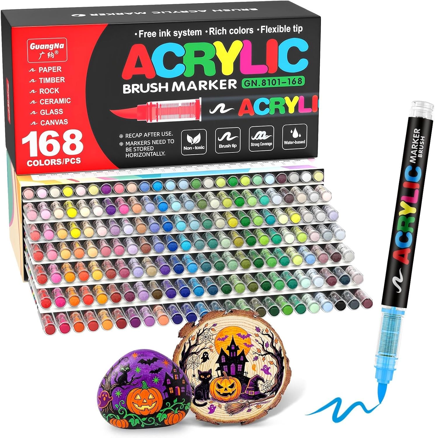 Guangna 168 Acrylic Paint Markers, Brush Tip Acrylic Paint Pens, Quick-Drying Waterproof Ink, for Rock Painting Plastic Wood Canvas Glass Ceramic Metal Art Crafts Supplies Gift