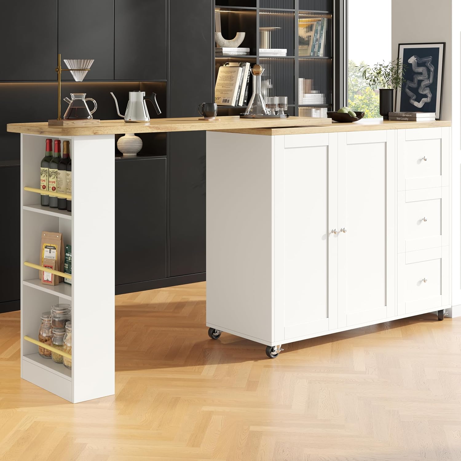 Merax 360° swivelling 3 Tier Dining Bar table, Mobile Kitchen Storage Island with 3 Drawers, 2 Doors and Extendable Table, for Kitchen, Dining Room, Living Room, White/138-209 x 39 x 106 cm