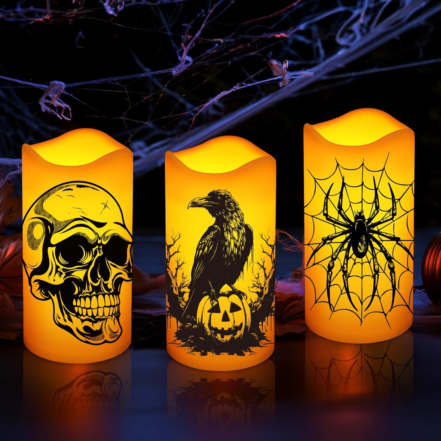 Halloween Decorations Indoor Flameless Candles Battery Operated Not Included Flickering Lights with Skull Spider Webs Crow Pumpkins Bats Witch, 6 Hrs Timer for Home Window Mantel 3 Pack
