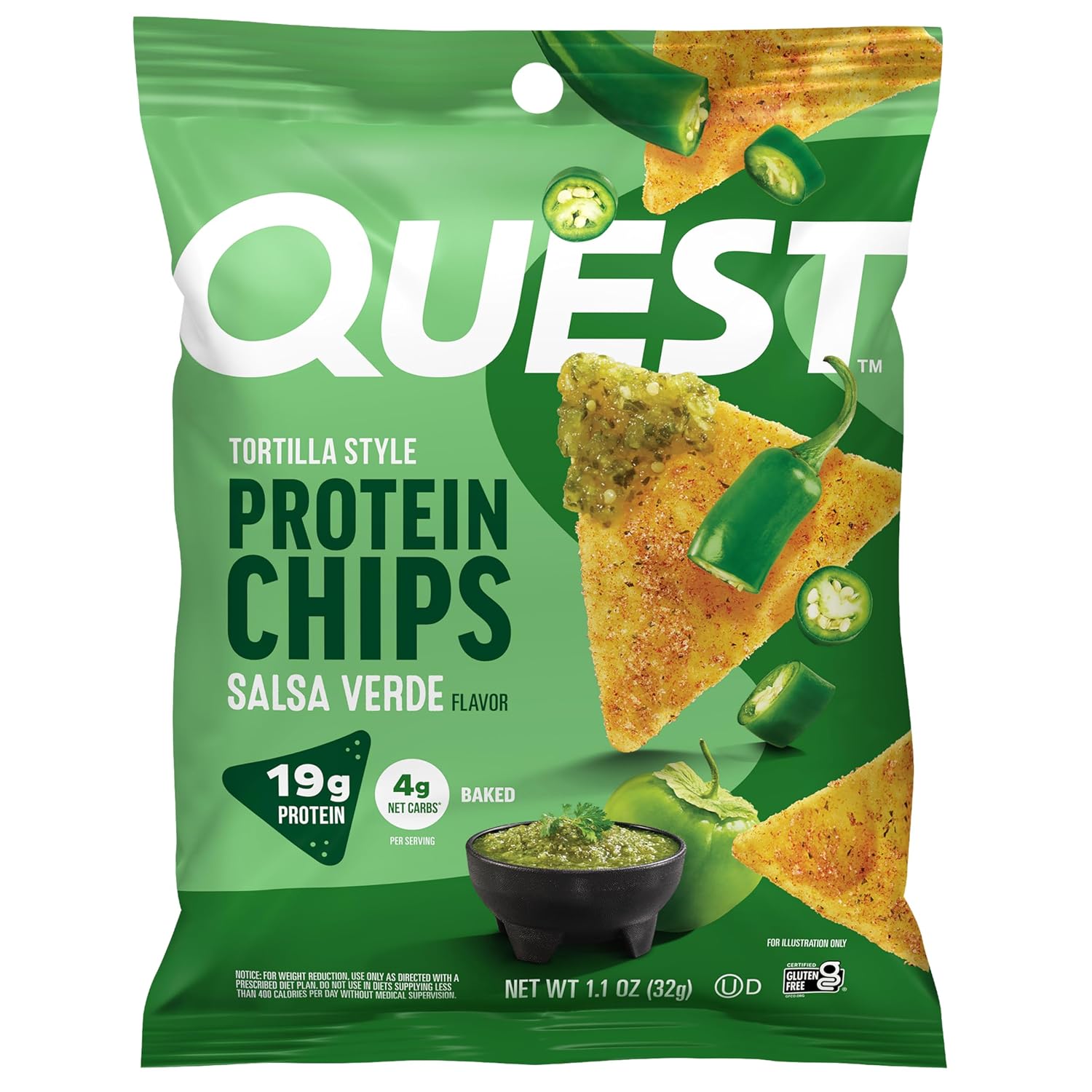 Quest Nutrition Tortilla Style Protein Chips, Salsa Verde, 19g of Protein, 4g Net Carbs, Gluten Free, 1.1 Ounce (Pack of 12)