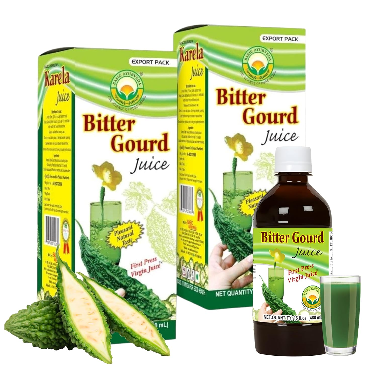 Basic Ayurveda Bitter Gourd Juice (Pack of 2) | 16.23 Fl Oz (480ml) | Pure Karela Juice | No Sugar & Artificial Colors Added