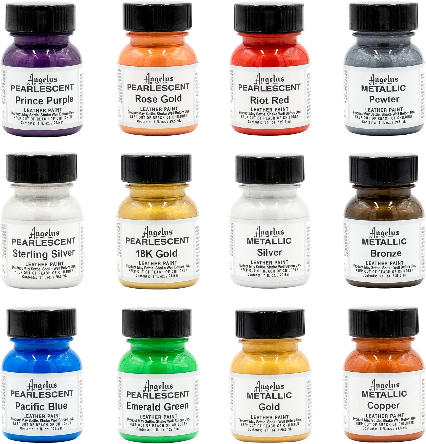 Angelus Acrylic Leather Paint Kit Metallic & Pearlescent 12 Pack Set (1 oz each) - Professional Metallic Acrylic Paint - Flexible, Crack, Peel Resistant for Shoes, Sneakers, Canvas, Demin, Wood