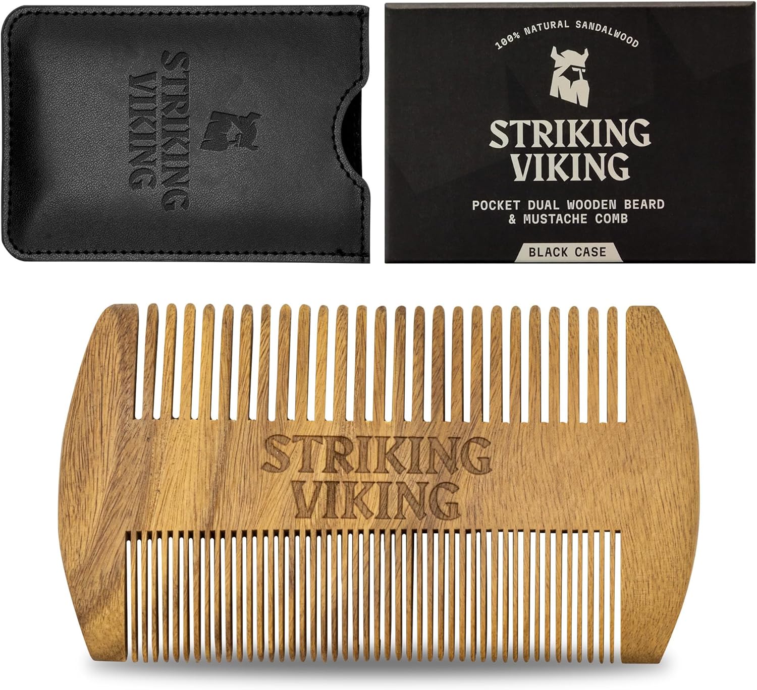 Sandalwood Beard Comb and Case - Pocket Sized Wooden Beard & Mustache Comb with Fine & Coarse Teeth - Perfect for Use with Balms and Oils - Striking Viking (Black)