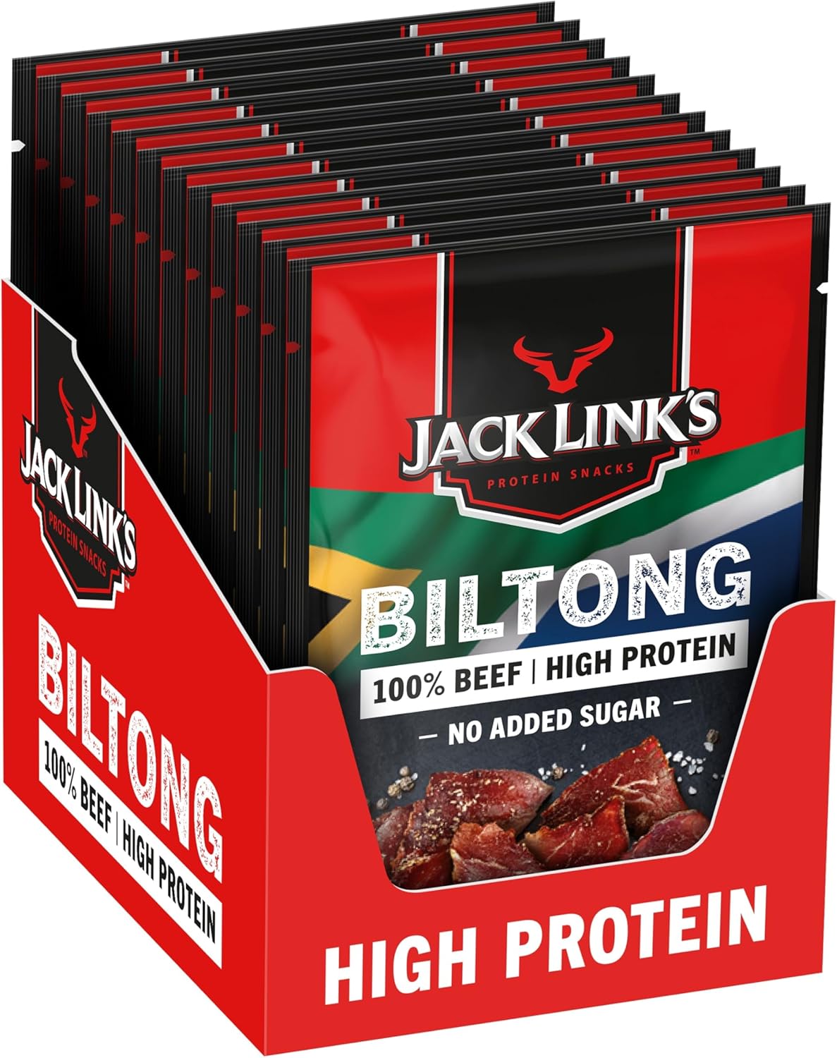 Jack Link's Biltong Jerky Original, Pack of 12 x 20 g, Gluten Free Meat Snack, High Protein 50%, Dried Meat for Gym, Fitness, Outdoor, Low Calorie Protein Snacks, 100% Beef