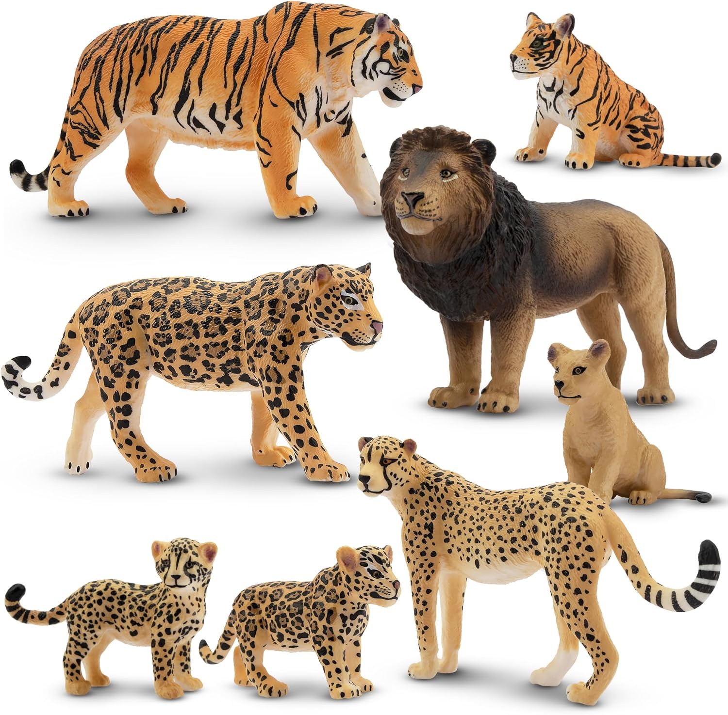 Toymany 8PCS 2-5" Plastic Jungle Animals Figures Playset Includes Baby Animals, Realistic Lion, Tiger, Cheetah, Leopard Figurines with Cubs, Cake Toppers Christmas Birthday Toy Gift for Kids Toddlers