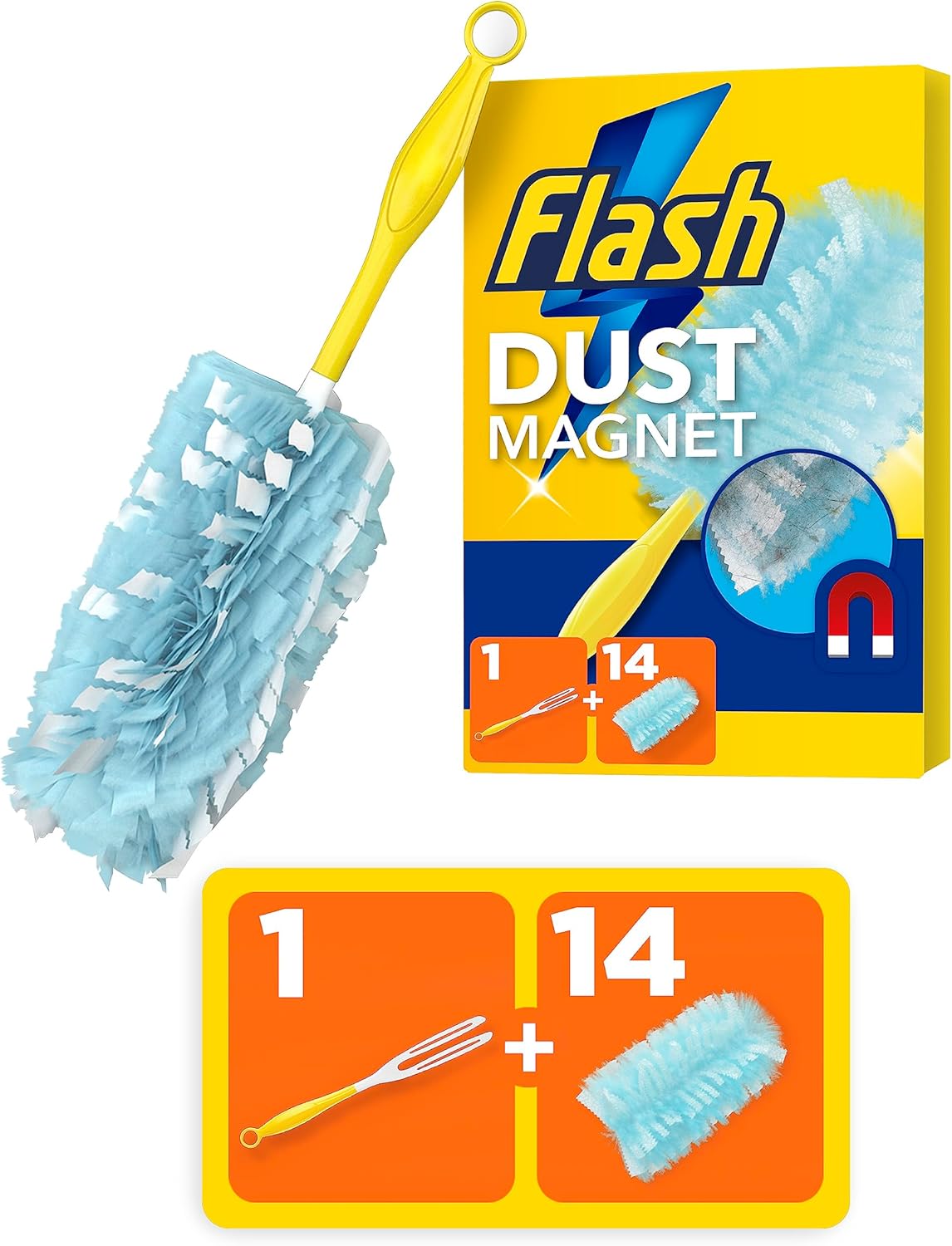 Flash Duster Dust Magnet Starter Kit, Dusters, 1 Handle + 14 Refills, Effective on 100% of Dust, Dust Magnet Refill