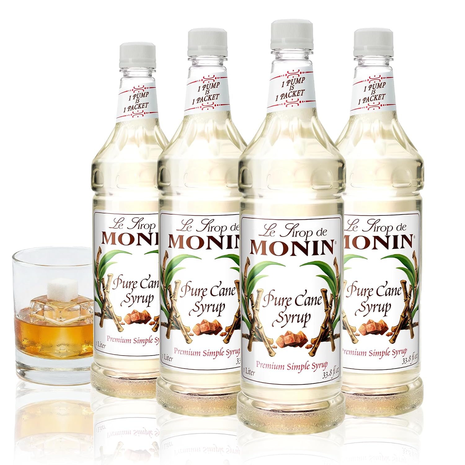 Monin - Pure Cane Syrup, Pure and Sweet, Great for Coffee, Tea, and Specialty Cocktails, Gluten-Free, Non-GMO (1 Liter, 4-Pack)