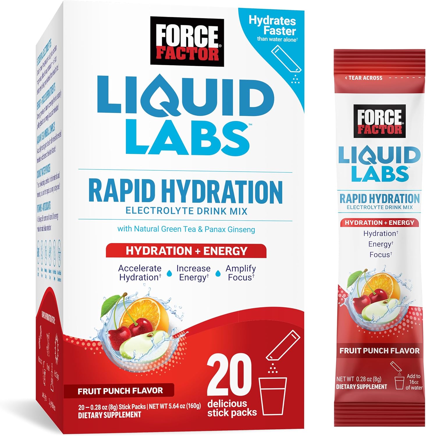 FORCE FACTOR Liquid Labs Energy Drink, Electrolytes Powder, Hydration Packets to Boost Energy & Focus, 5 Essential Electrolytes, Vitamins, Minerals, & Antioxidants, Fruit Punch Flavor, 20 Stick Packs