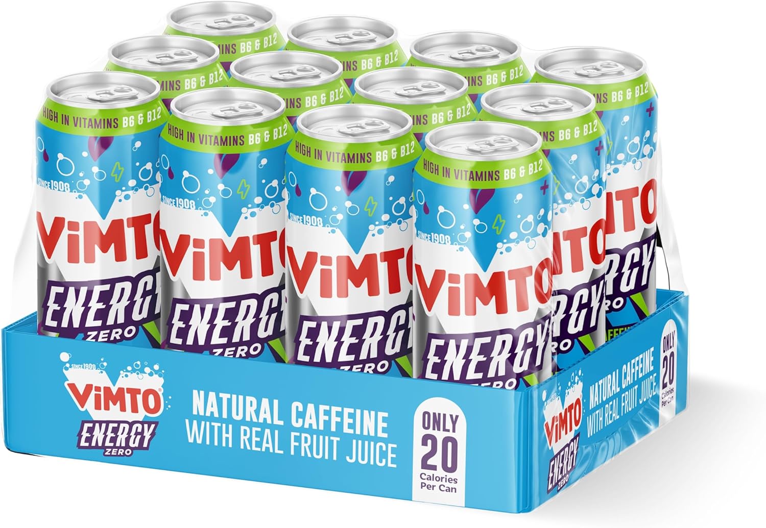 Vimto Original Real Fruit Energy Drinks with No Added Sugar + Natural Caffeine + B Vitamins, Prime Energy Juice Drink 500ml Big Can (multipack of 12)