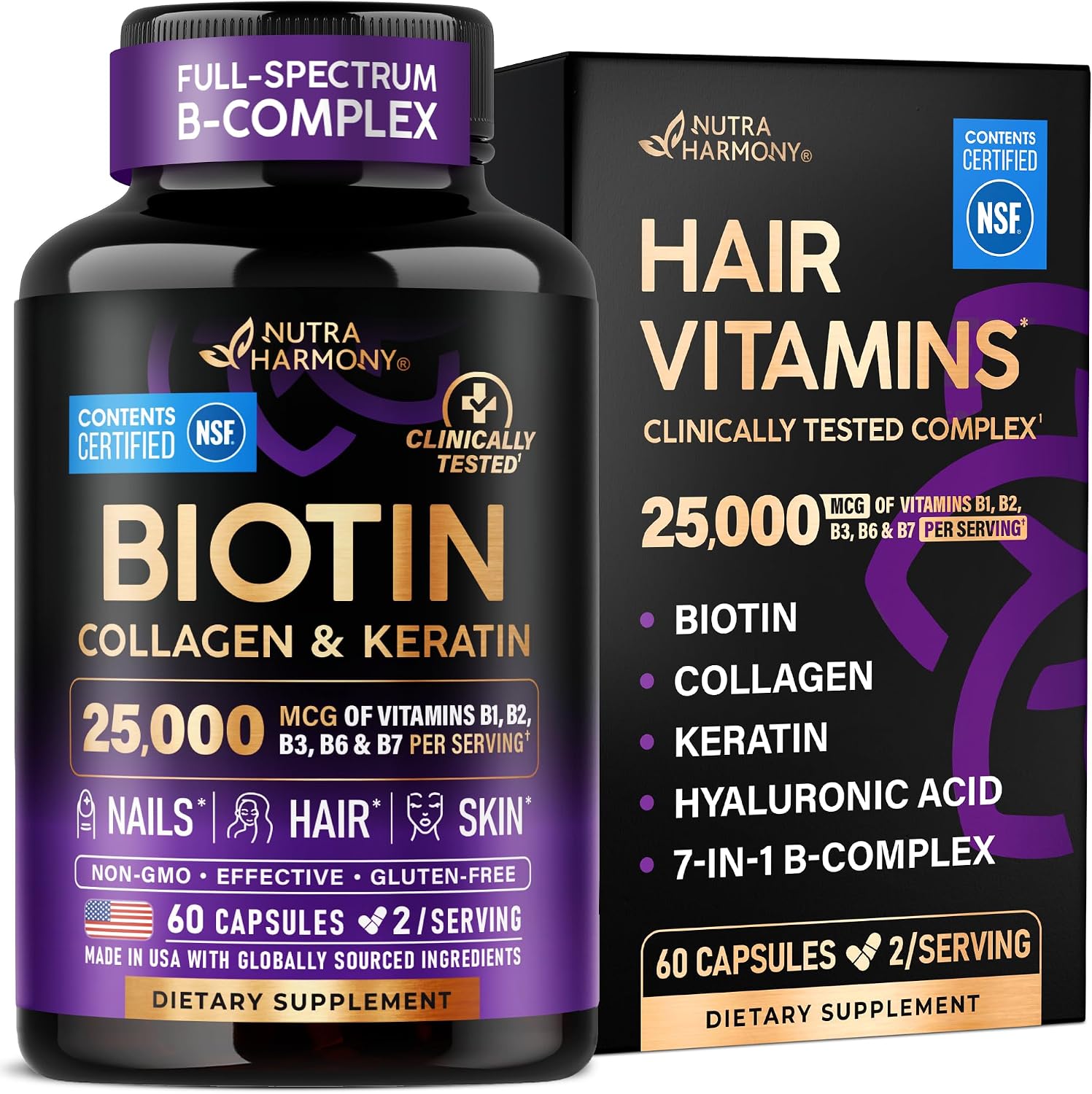 Biotin, Collagen & Keratin + Full B-Complex - Hair Growth Support - 60 Caps