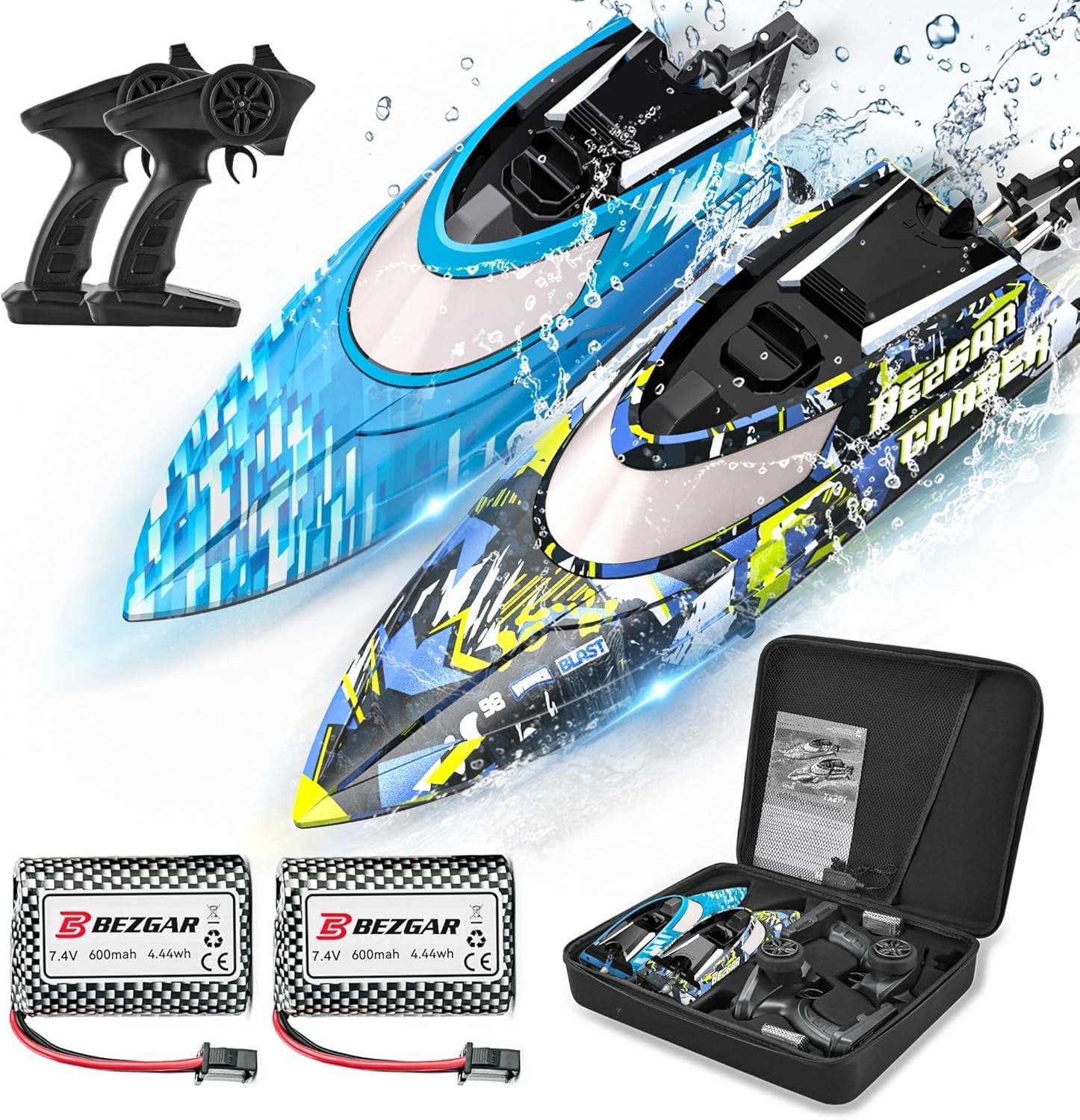 BEZGAR Remote Control Boat, 2 Packs 12 inch RC Boat Fast Speed 30KPH with Portable Suitcase for Lakes & Pools & Salt Water, Summer Toys for Adults, for Kids Boys Age 6 7 8-12 Years Old