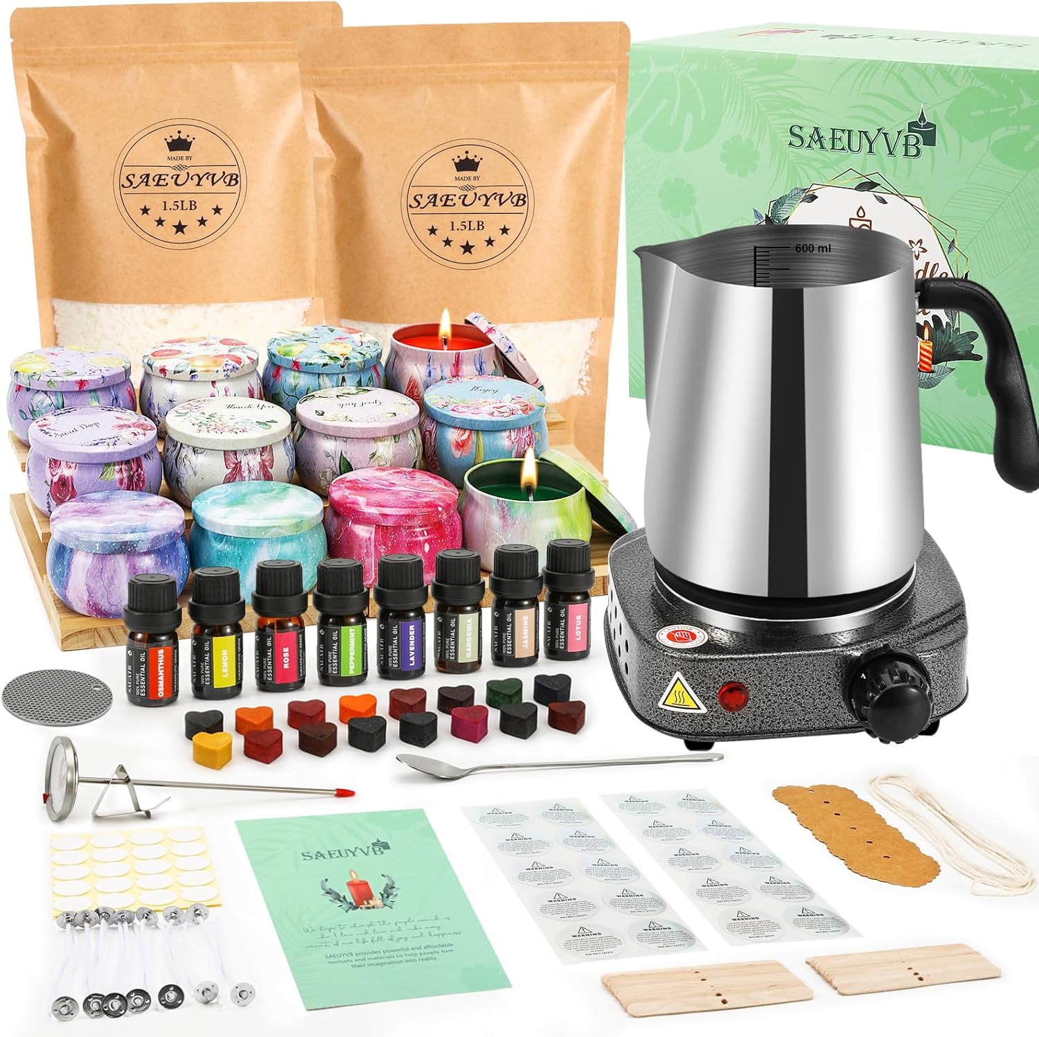 SAEUYVB Candle Making Kit with Wax Melter, Candle Making Kit for Adults, Candle Kit - DIY Starter Soy Candle Making Kit - Perfect as Home Decorations