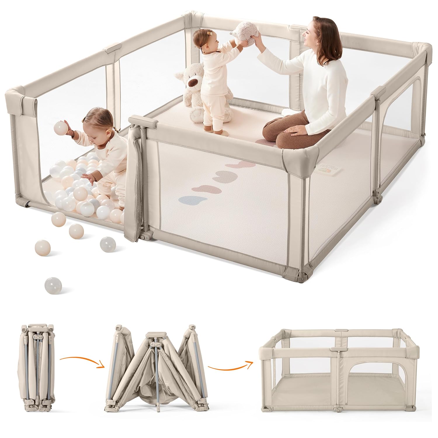 Sweeby Baby Playpen, 59x59 Inch Gate Foldable for Babies and Toddlers, Extra Large with Door Play Yard for Fence Indoor and Outdoor, Light Khaki