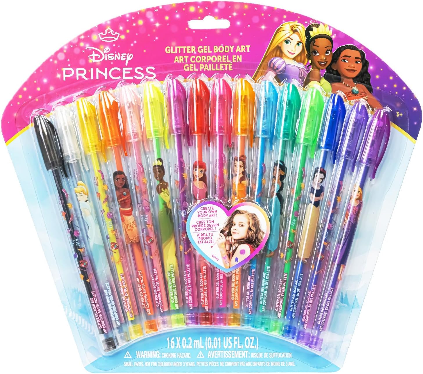 Disney Princess 16 Piece Glitter Pen Body Art Set, Glittery and Bright Colors, Ages 3+, By Townley Girl