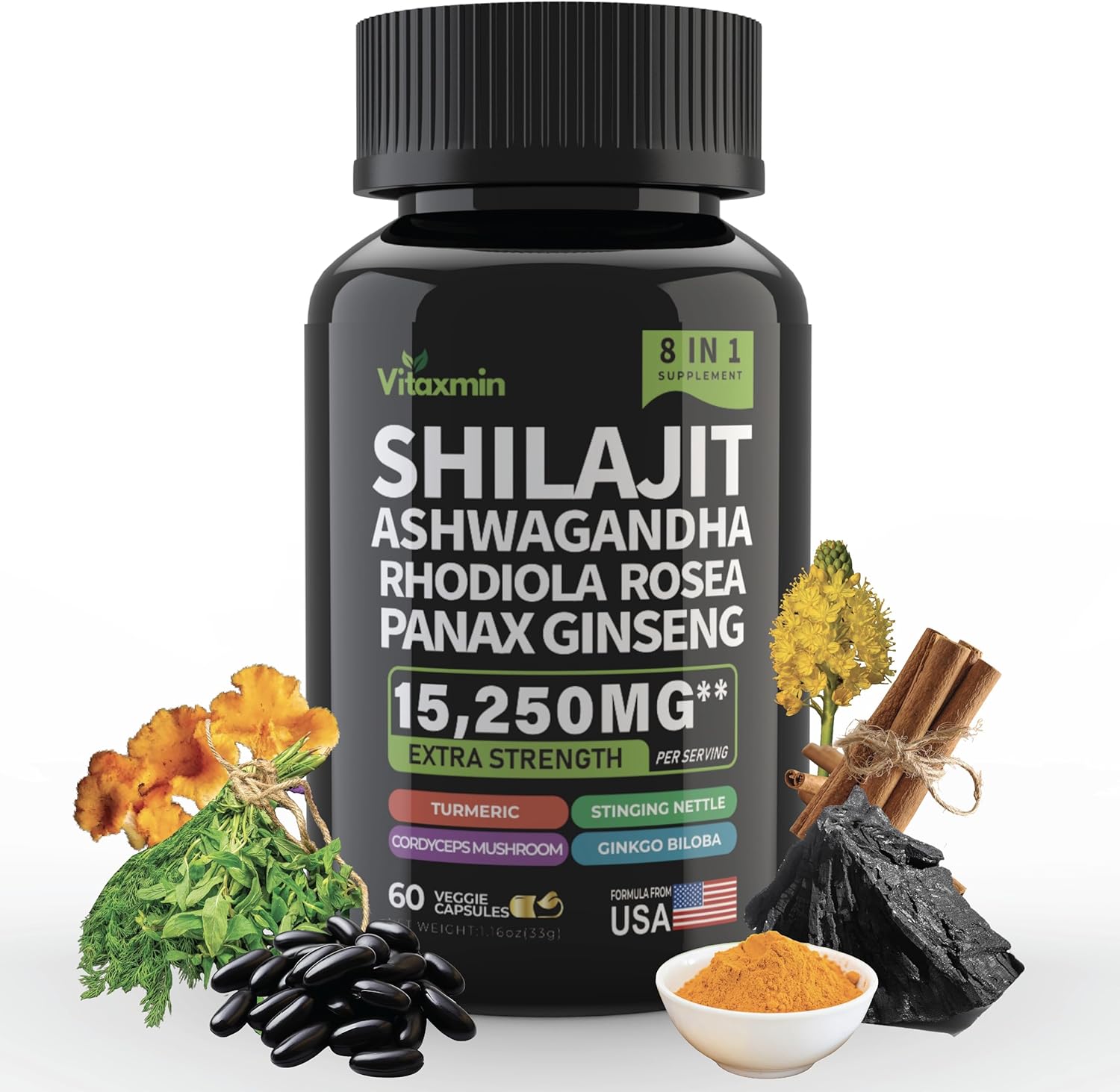 Shilajit and Ashwagandha Capsules, 8-in-1 Herbal Multivitamin for Men and Women, with Rhodiola Rosea, Ginseng, and Stinging Nettle, Shilajit for Men and Women