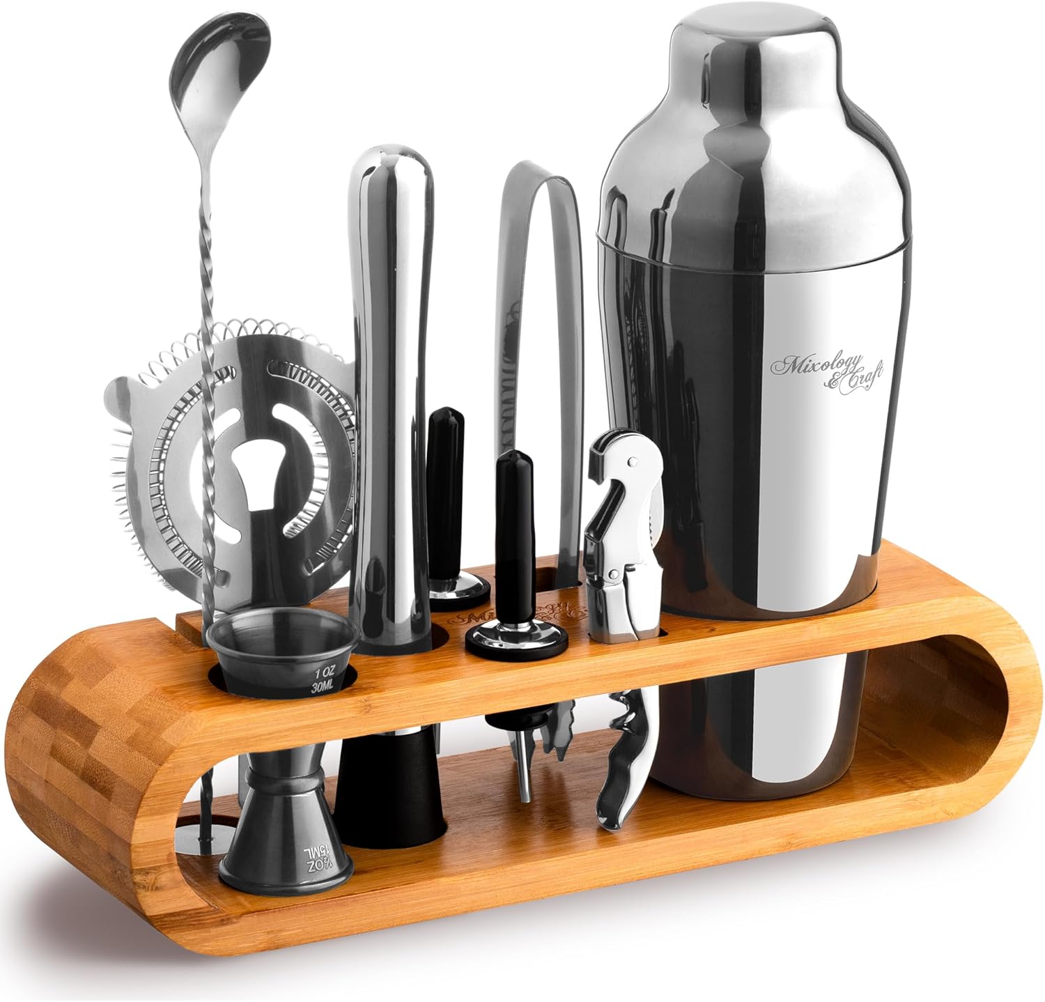 Mixology Bartender Kit: 10-Piece Bar Tool Set with Bamboo Stand | Perfect Home Bartending Kit and Martini Cocktail Shaker Set for a Perfect Drink Mixing Experience | Fun Housewarming Gift (Silver)