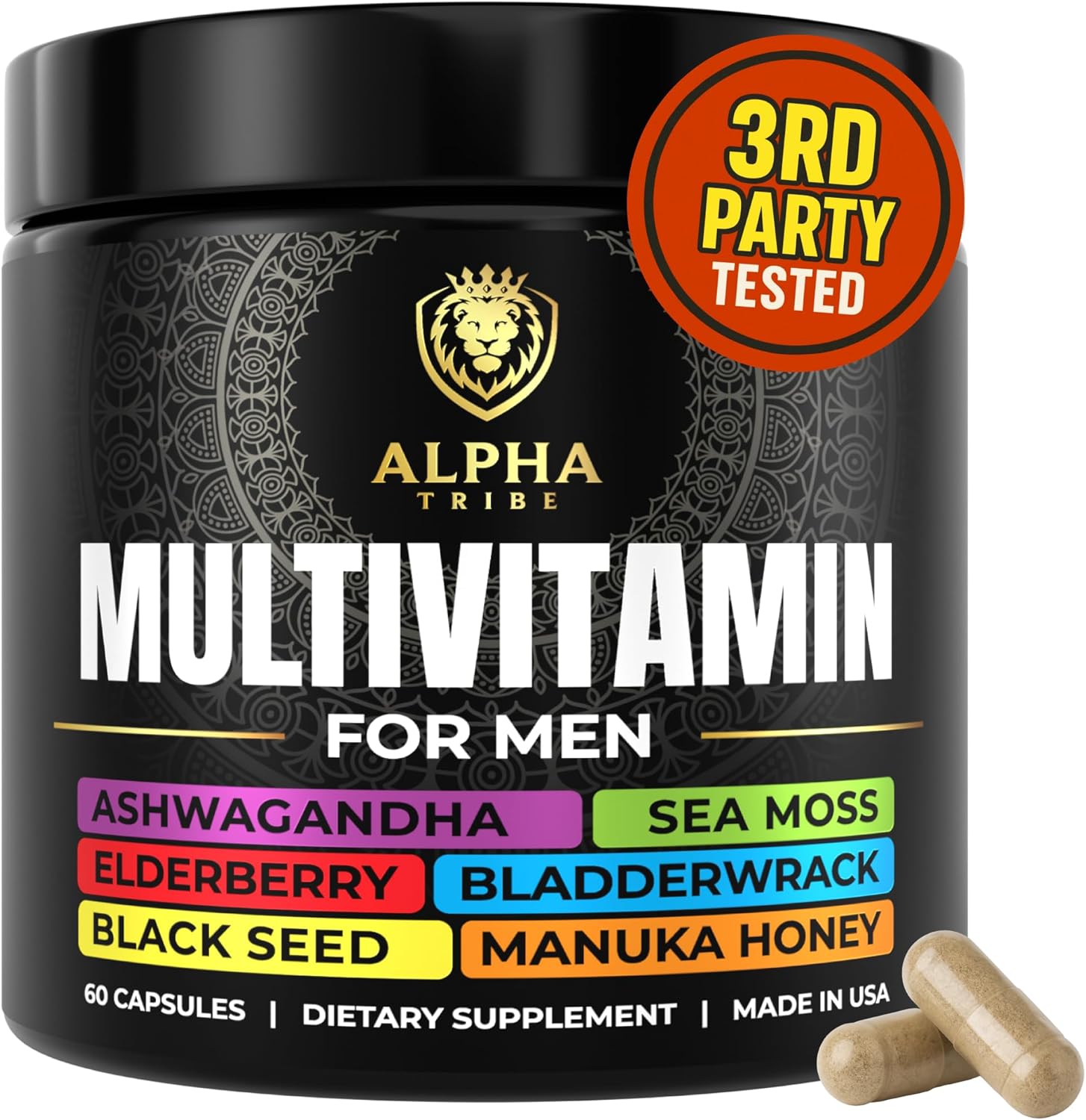 Alpha Tribe Multivitamin for Men with Seamoss Black Seed Oil Ashwagandha Burdock Root, Turmeric Bladderwrack, Vitamin C, Elderberry, Manuka, Yellow Dock | Daily Men's Vitamins and Minerals Supplement
