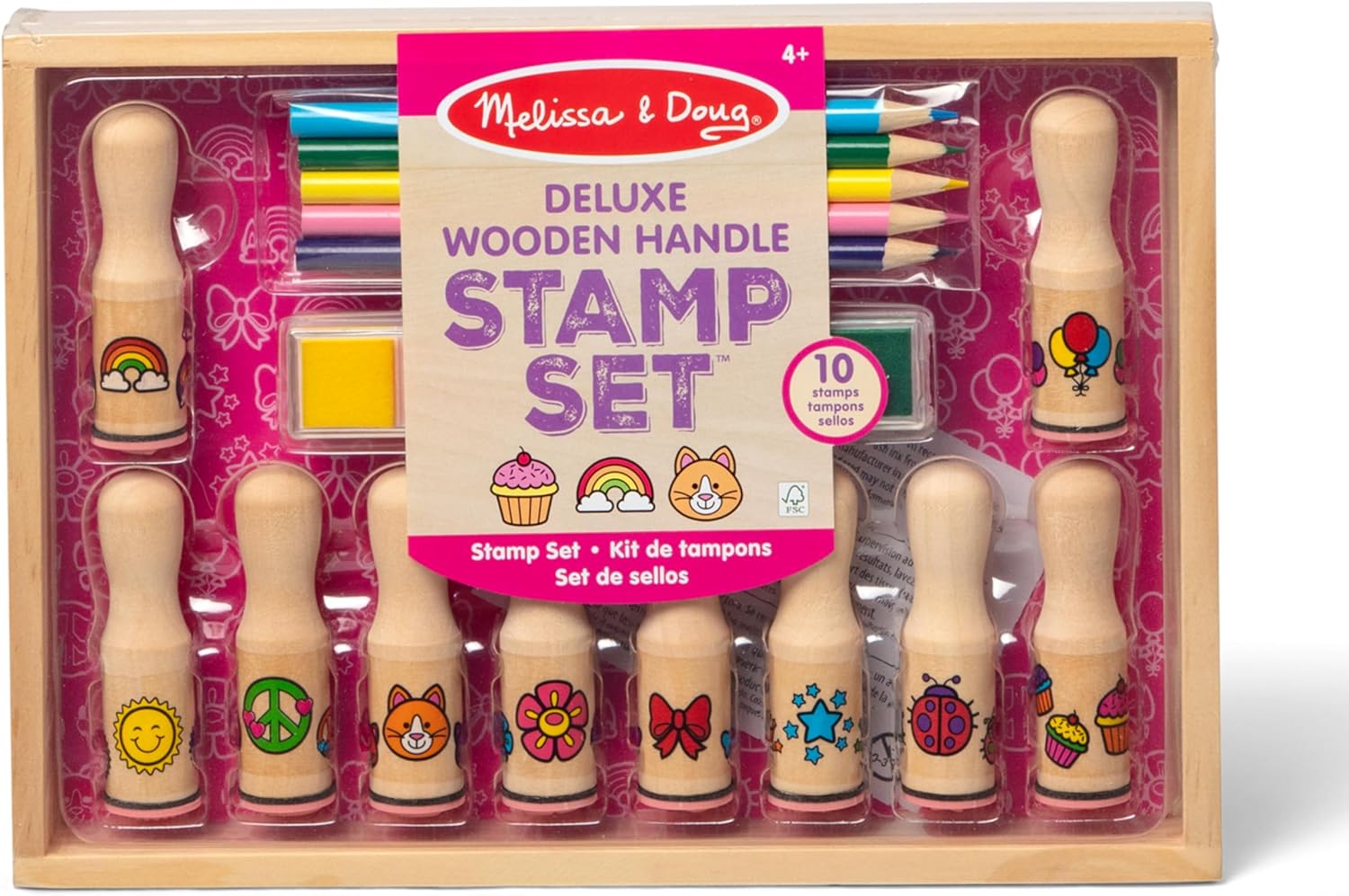 Melissa & Doug Deluxe Happy Handle Stamp Set with 10 Stamps, 5 Colored Pencils, and 6-Color Washable Ink Pad