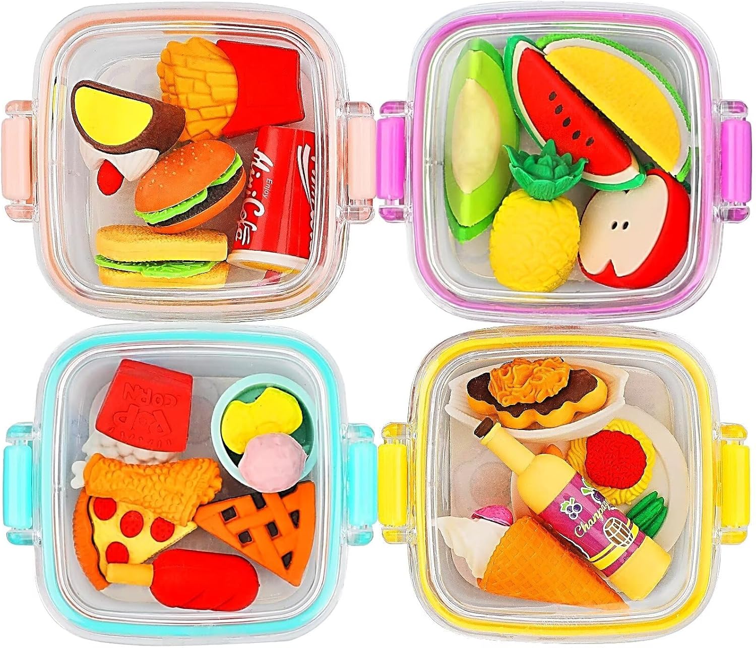 Lovely Gourmet Fruit Erasers, 4 Boxes of Plastic Pencil Erasers, Cute Children's Erasers, Pencil Erasers and Eraser Sets, Suitable for Learning, Painting, Playing and Gifts
