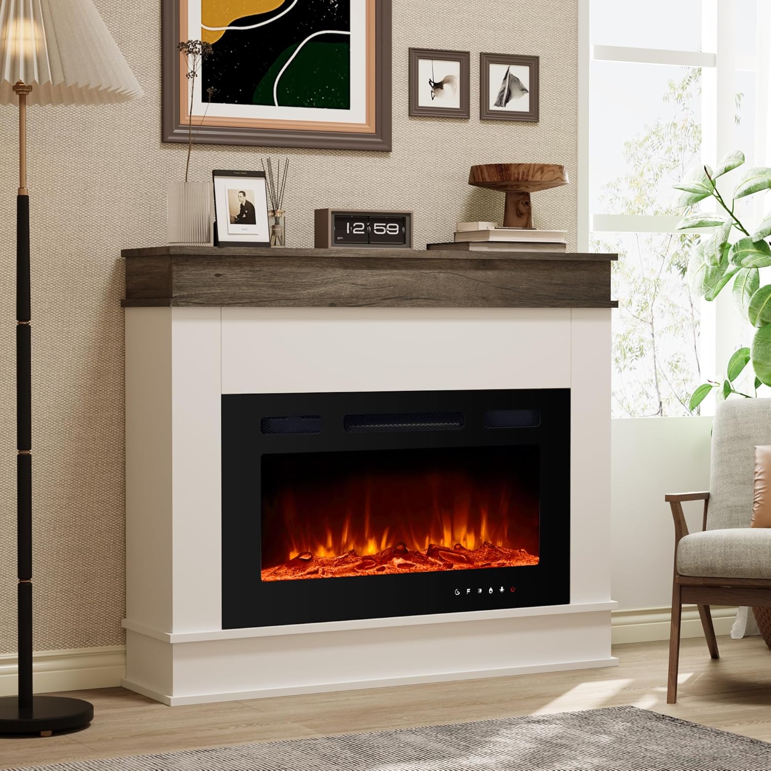 M.C.Haus Electric Fireplace with Mantel Shelf, 76cm Black Fireplace Inserted, Adjustable Temperature and Flame, High-end Design for Living Space, Fireplace in Engineer Wood Finish, Rustic Oak & White