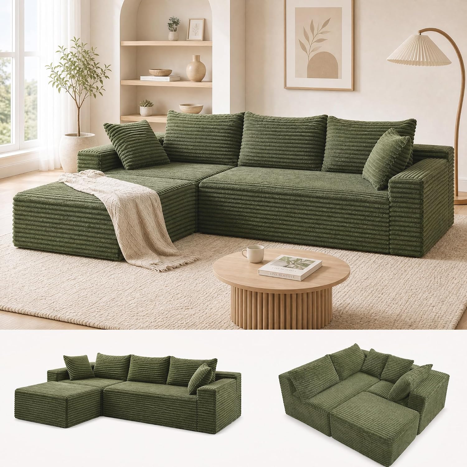 Claiks 94" Boneless Couch, L-Shape Corduroy Sectional Sofa, Green