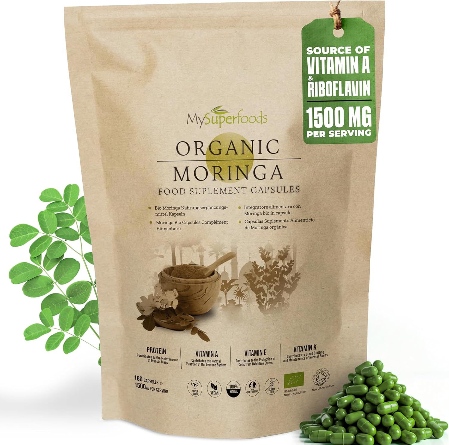 Moringa Capsules | Organic | 1500mg per Serving | 180 Capsules | Rich Source of Vitamin A & Riboflavin | MySuperfoods