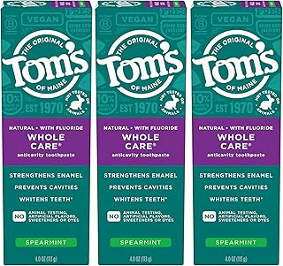 Tom's of Maine Whole Care Natural Toothpaste with Fluoride, Spearmint, 4 Ounce (Pack of 3), (Packaging May Vary)