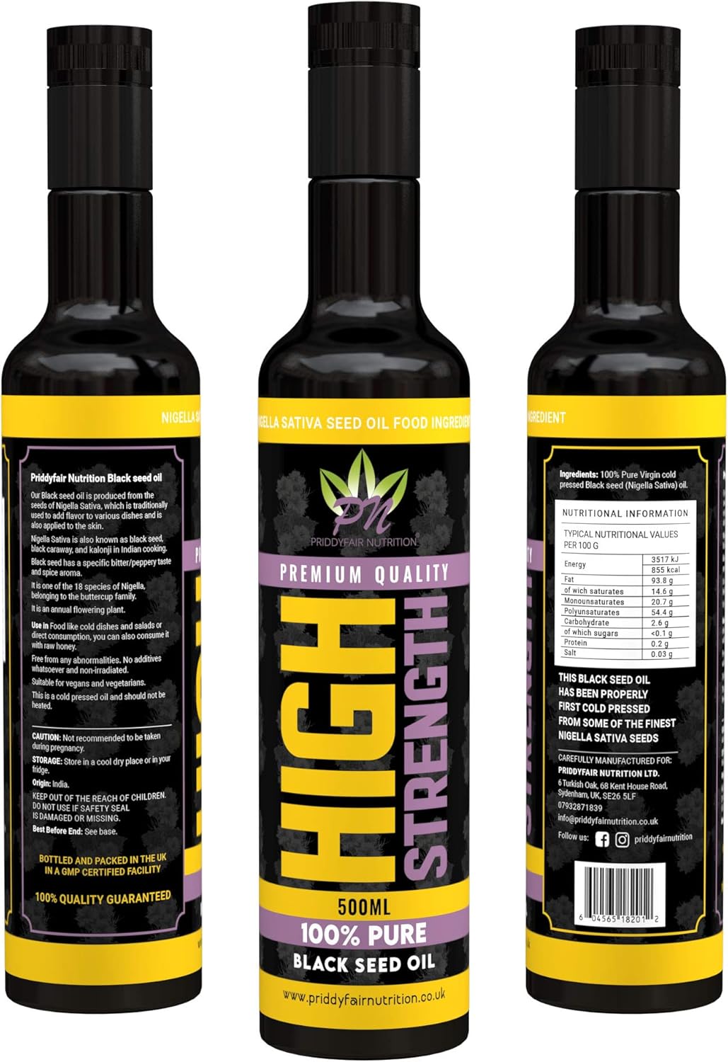 Black Seed Oil Cold Pressed 500ml High Strength Pure Virgin Oil from Organically Grown Nigella Sativa BlackSeed Blessed Cumin Seed Oil - Glass Bottle with a Free Priddyfair Nutrition Sachet Raw Honey