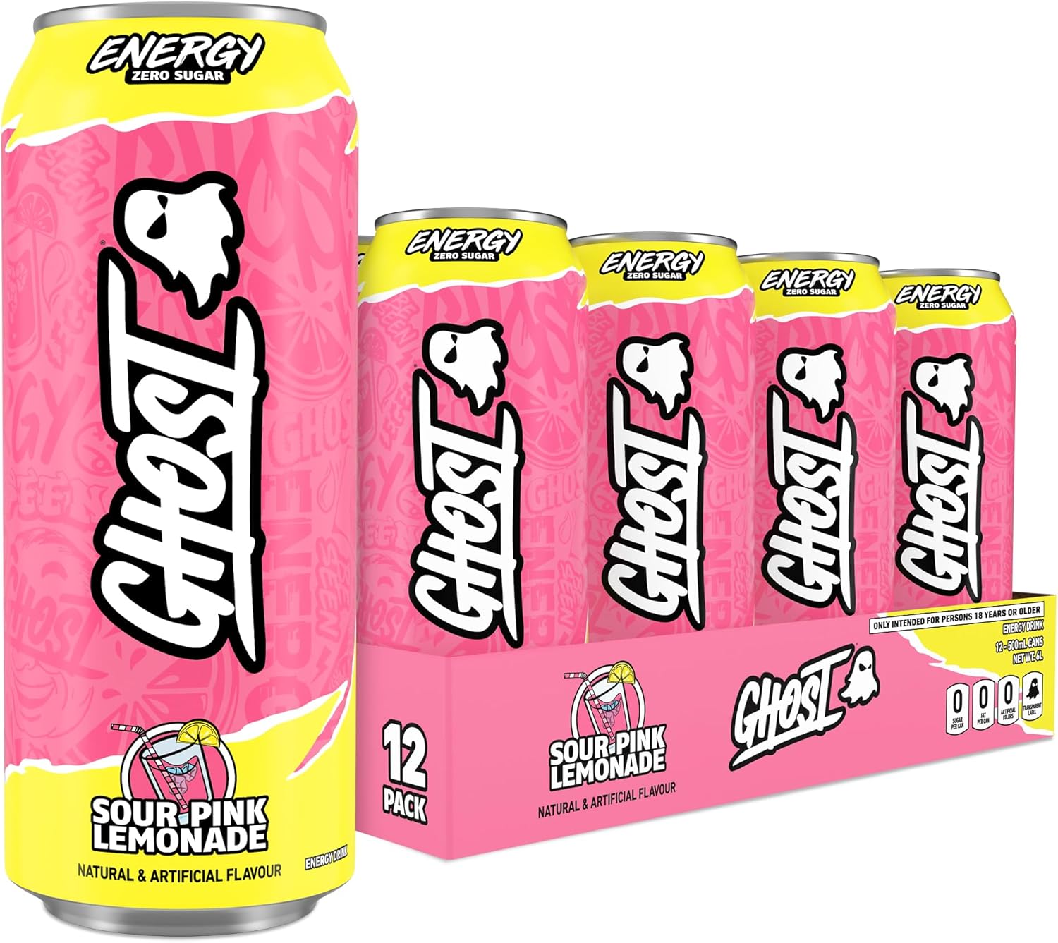 GHOST Sugar-Free Energy Drink - 12-Pack, Sour Pink Lemonade, 500ml Cans - No Artificial Colours - 160mg Natural Caffeine, L-Carnitine & Taurine - Gluten-Free & Vegan Fizzy Drinks