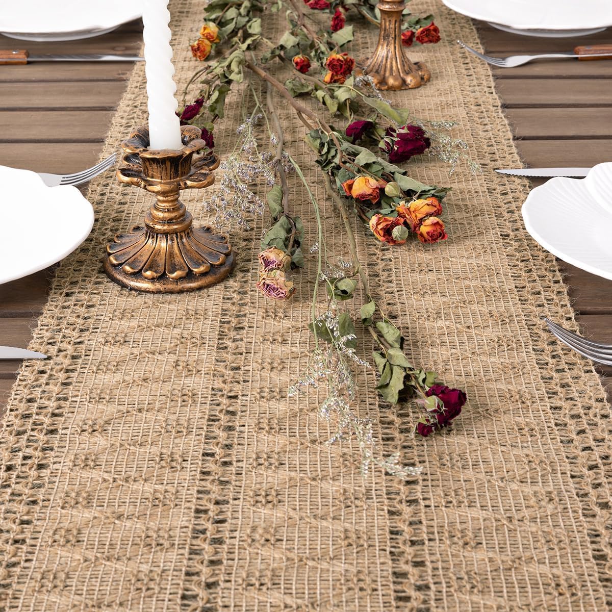 Dremisland Boho Table Runner Macrame Farmhouse 95 Inch Burlap Jute Bamboo Coffee Table Runner Rustic Table Cover Dresser Scarf for Dining Kitchen Table Centerpiece Decor