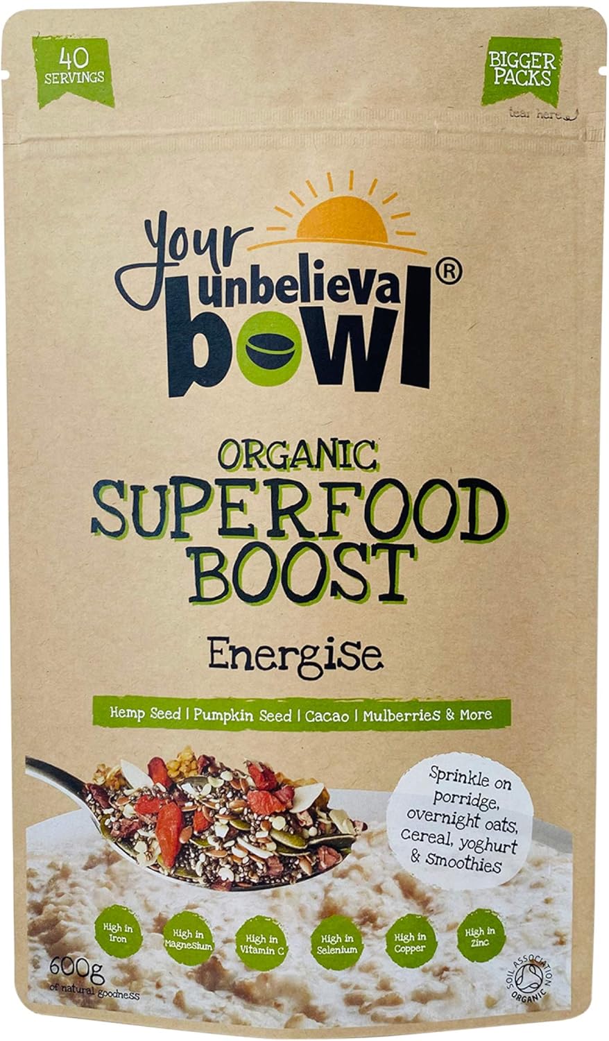 Your UnbelievaBowl - Organic Superfood Boost (Energise) 600g, 40 Servings, 45p Per Serving, Gluten Free, Chia Seed, Hemp Seed, Pumpkin Seed, Cacao, Mulberry, Goji, Flaxseed, Almonds
