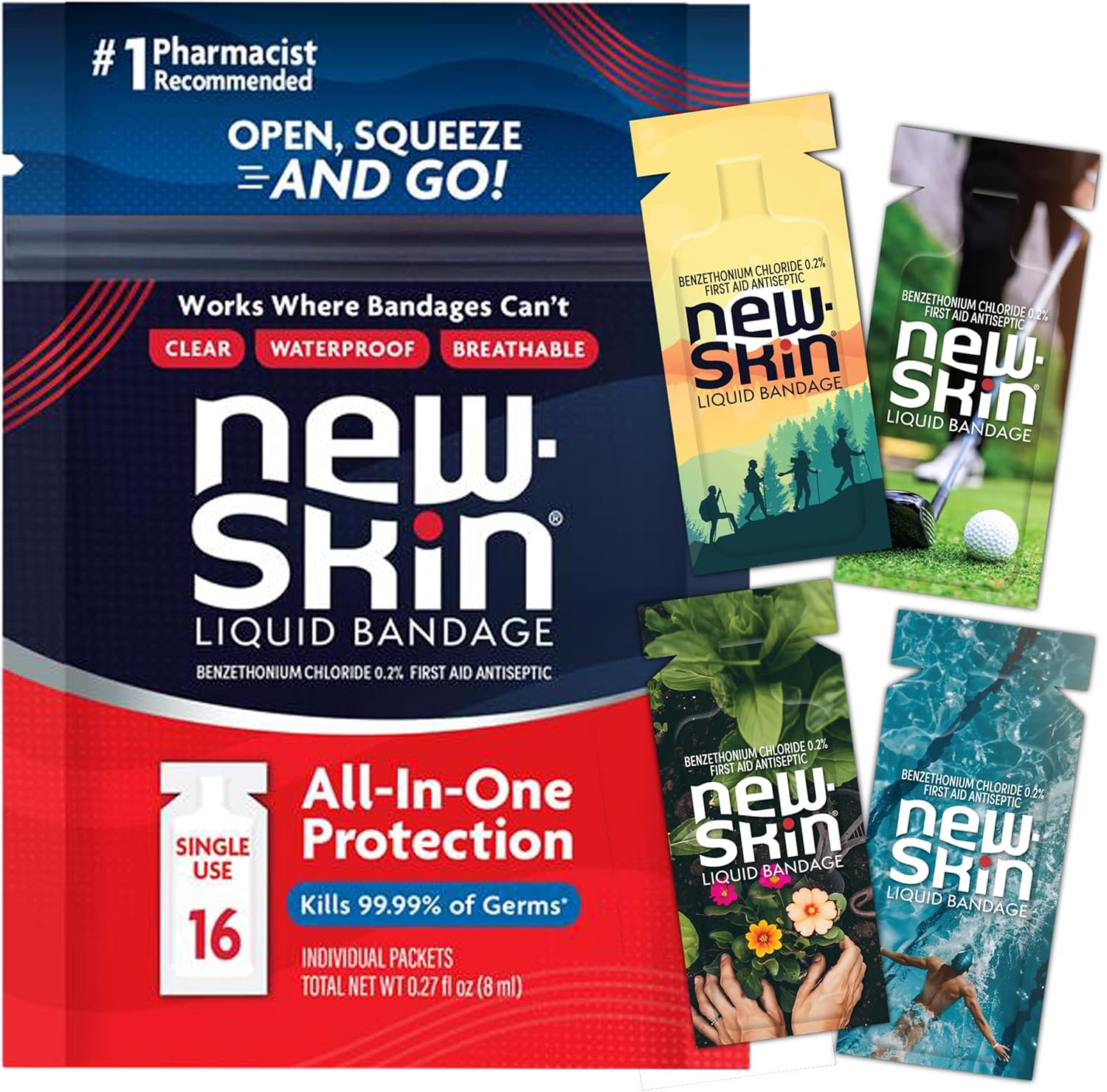 New-Skin Single Use Liquid Bandage Packets, 16-Ct, Antiseptic, Waterproof for Minor Cuts and Scrapes