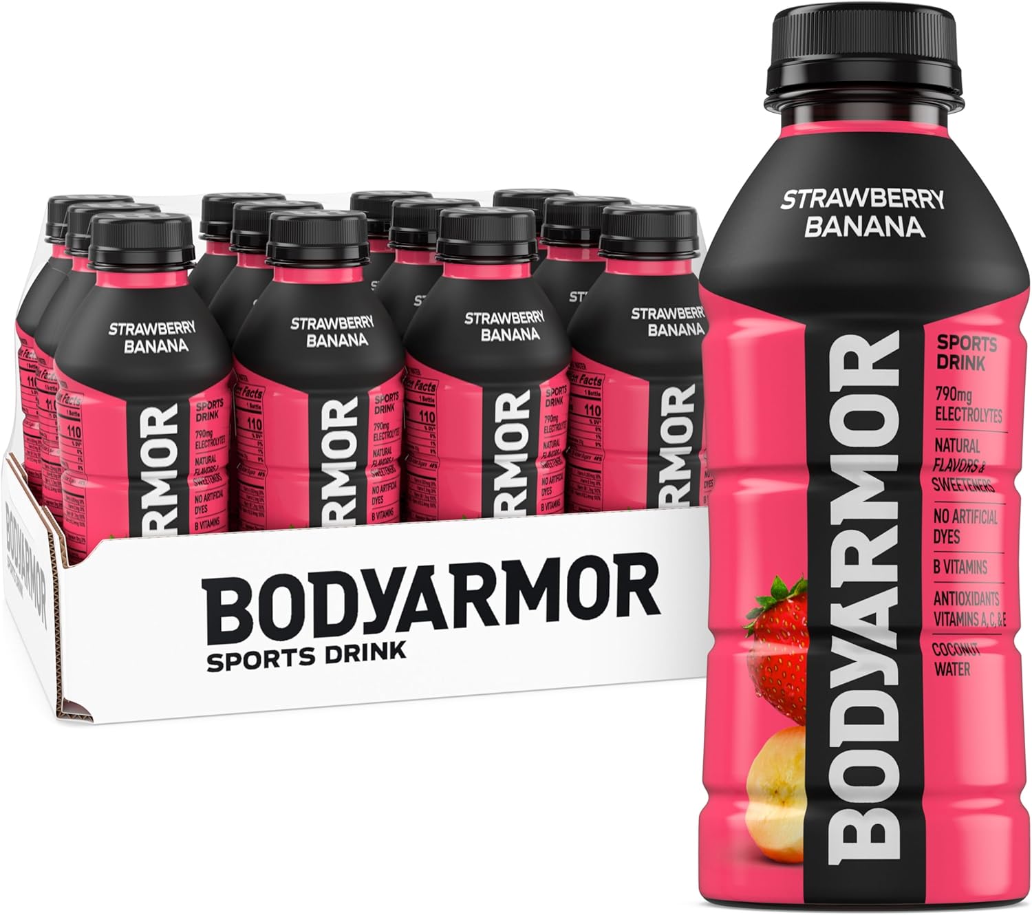BODYARMOR Sports Drink Sports Beverage, Strawberry Banana, Coconut Water Hydration, Natural Flavors With Vitamins, Potassium-Packed Electrolytes, Perfect For Athletes, 16 Fl Oz (Pack of 12)