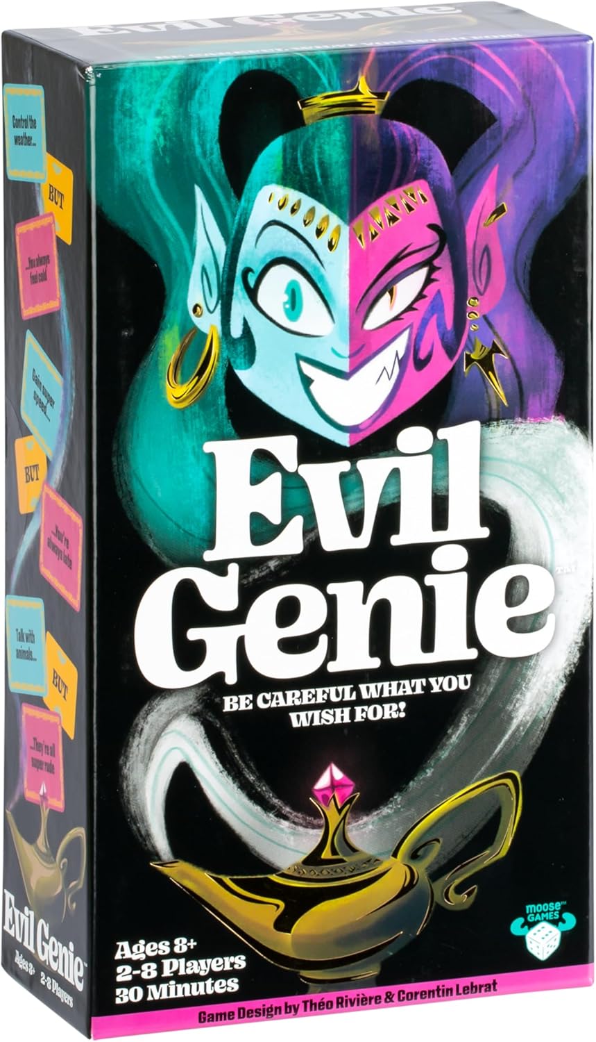 Evil Genie, Party Game Where Players Combine Good Cards with Evil Cards to Grant One Messed Up Wish, Then Guess If The Wish Will Be Taken to Score Points & Win The Game, for 2 – 8 Players, Ages 8+