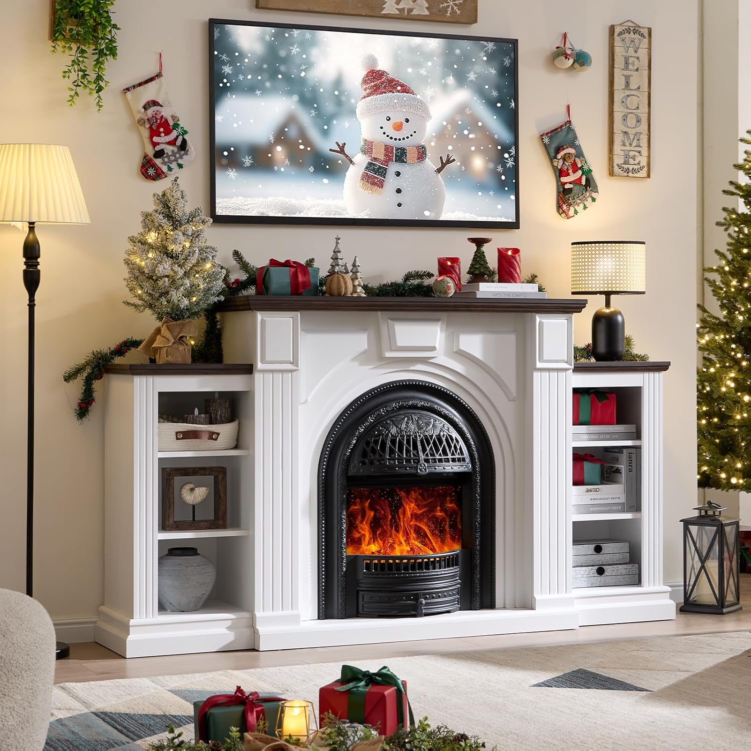 Farmhouse Electric Fireplace with Mantel, 76" Fireplace TV Stand Entertainment Center for TVs up to 90'', Fireplace Heater Media Console, 30" Fire Place Insert Heater for Living Room, Bedroom
