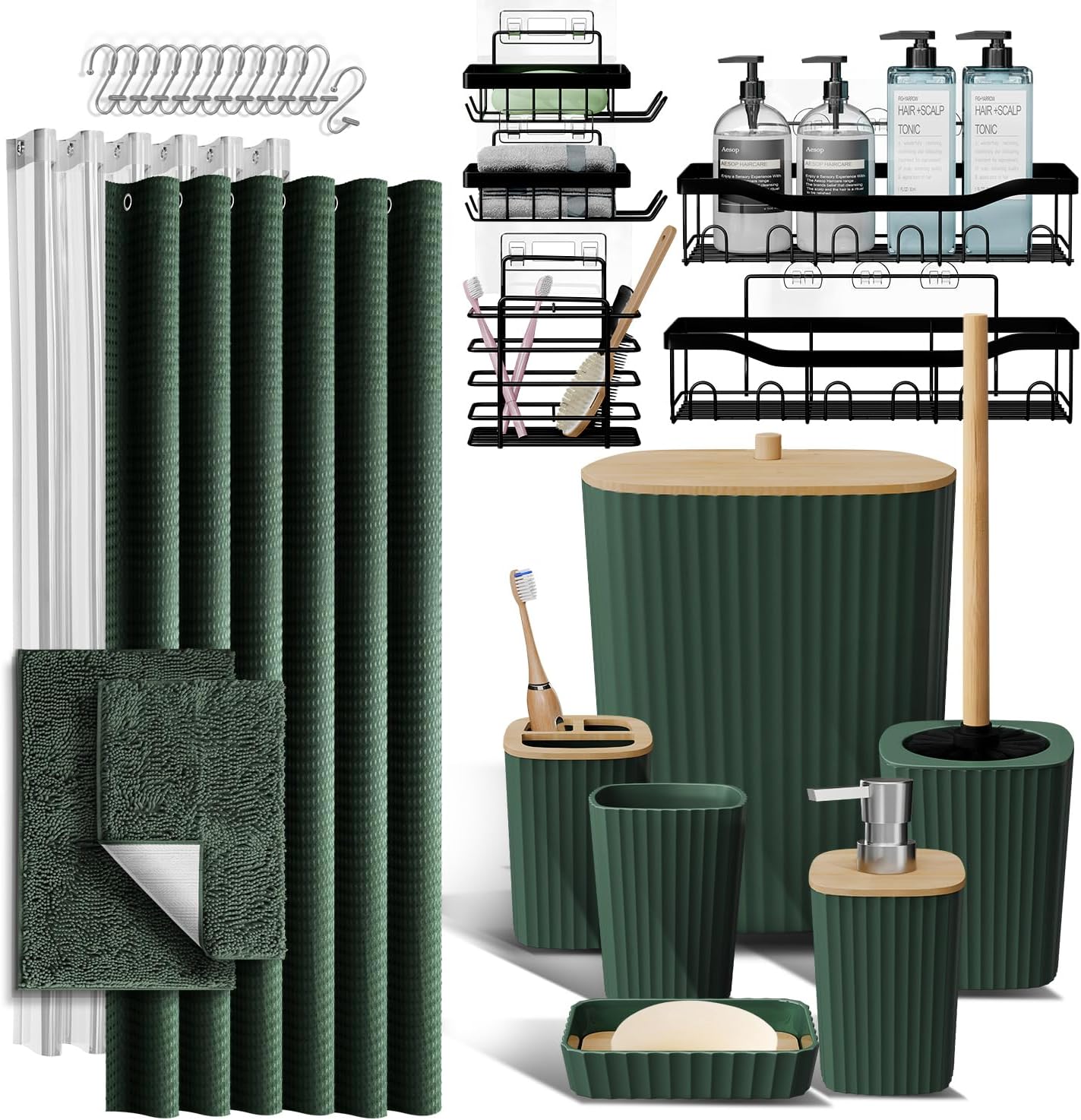 Bathroom Accessories Set with Shower Caddy and Bath Rugs 27PC Bathroom Accessory Set with Shower Caddies Green Bath Rugs, Shower Curtain Set, Toilet Brush, Trash Can, Soap Dispenser, Toothbrush holder