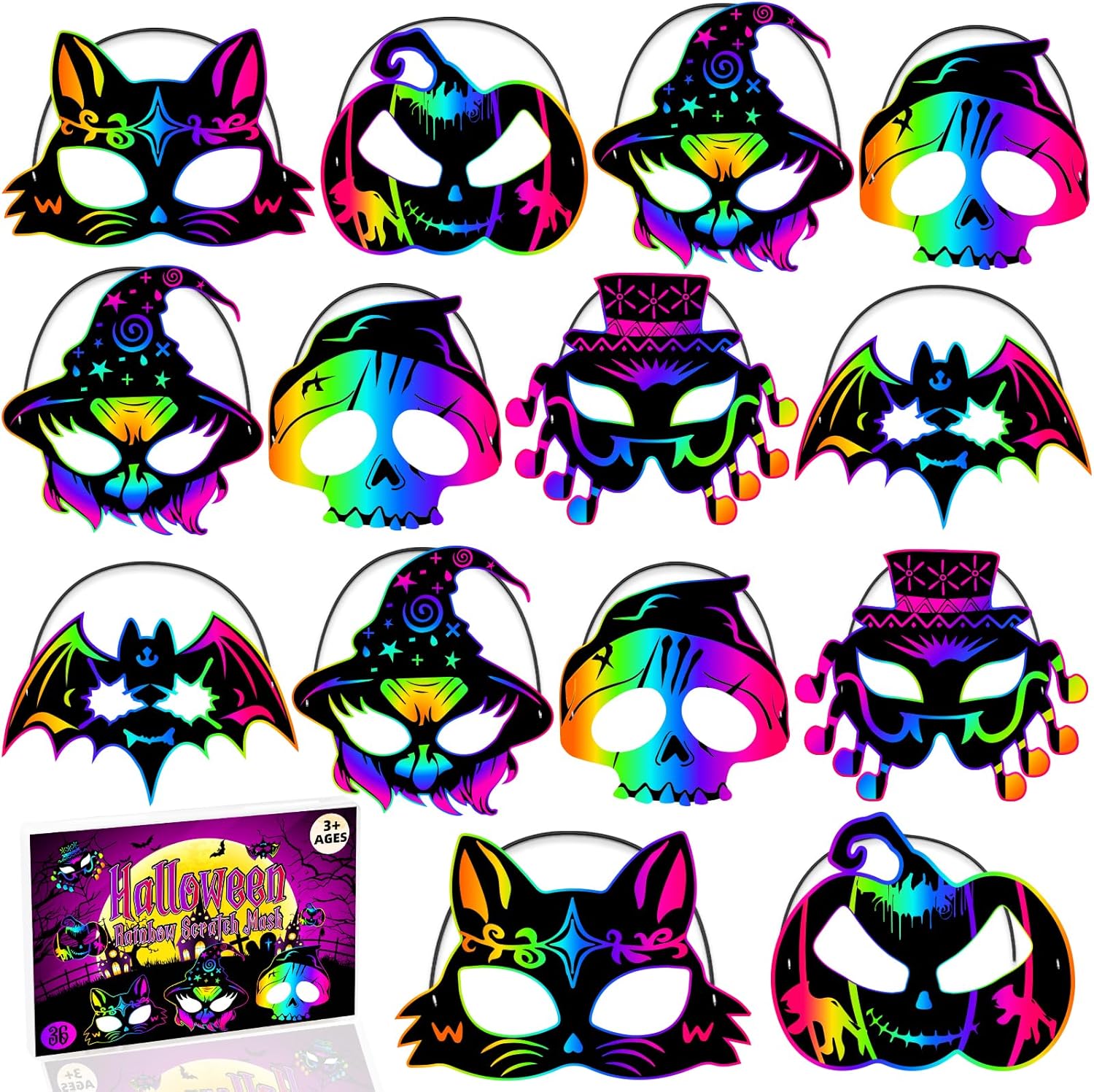 JMUQ Halloween Crafts Scratch Mask for Kids, 36Pcs Halloween Games Scratch Art Craft Kit Rainbow Scratch Paper for Halloween Party Favors Supplies Classroom Favors Halloween Activities