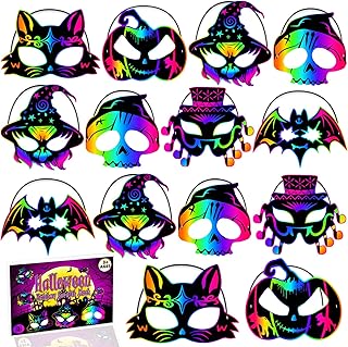 JMUQ Halloween Crafts Scratch Mask for Kids, 36Pcs Halloween Games Scratch Art Craft Kit Rainbow Scratch Paper for Halloween Party Favors Supplies Classroom Favors Halloween Activities