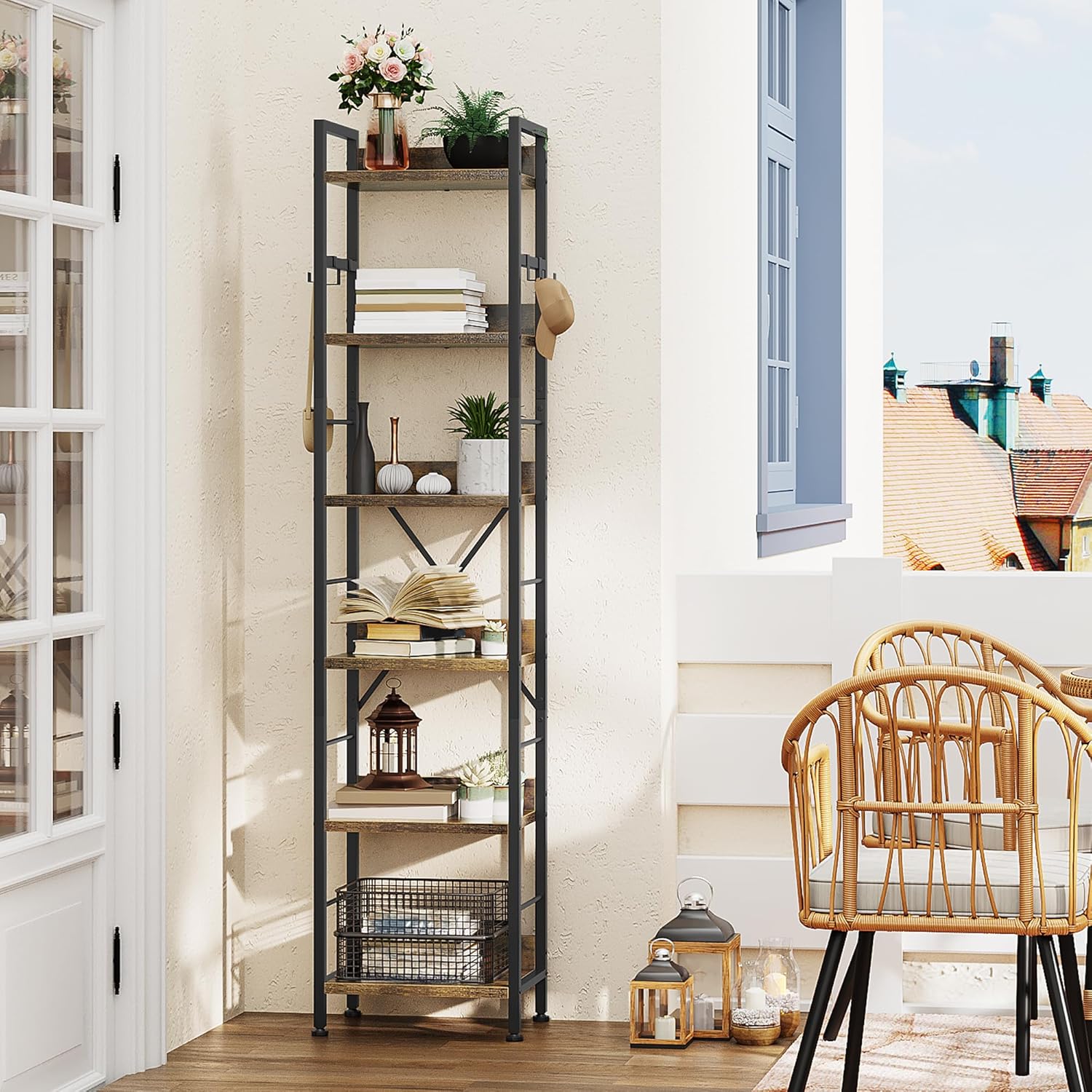 YITAHOME Bookcase 6 Tiers, Floor Standing Book Shelf with 4 Hooks, Wooden Shelf and Metal Frame Book Rack Industrial Tall Shelf Unit Storage for Living Room, Home Office, Rustic Brown Bookshelf