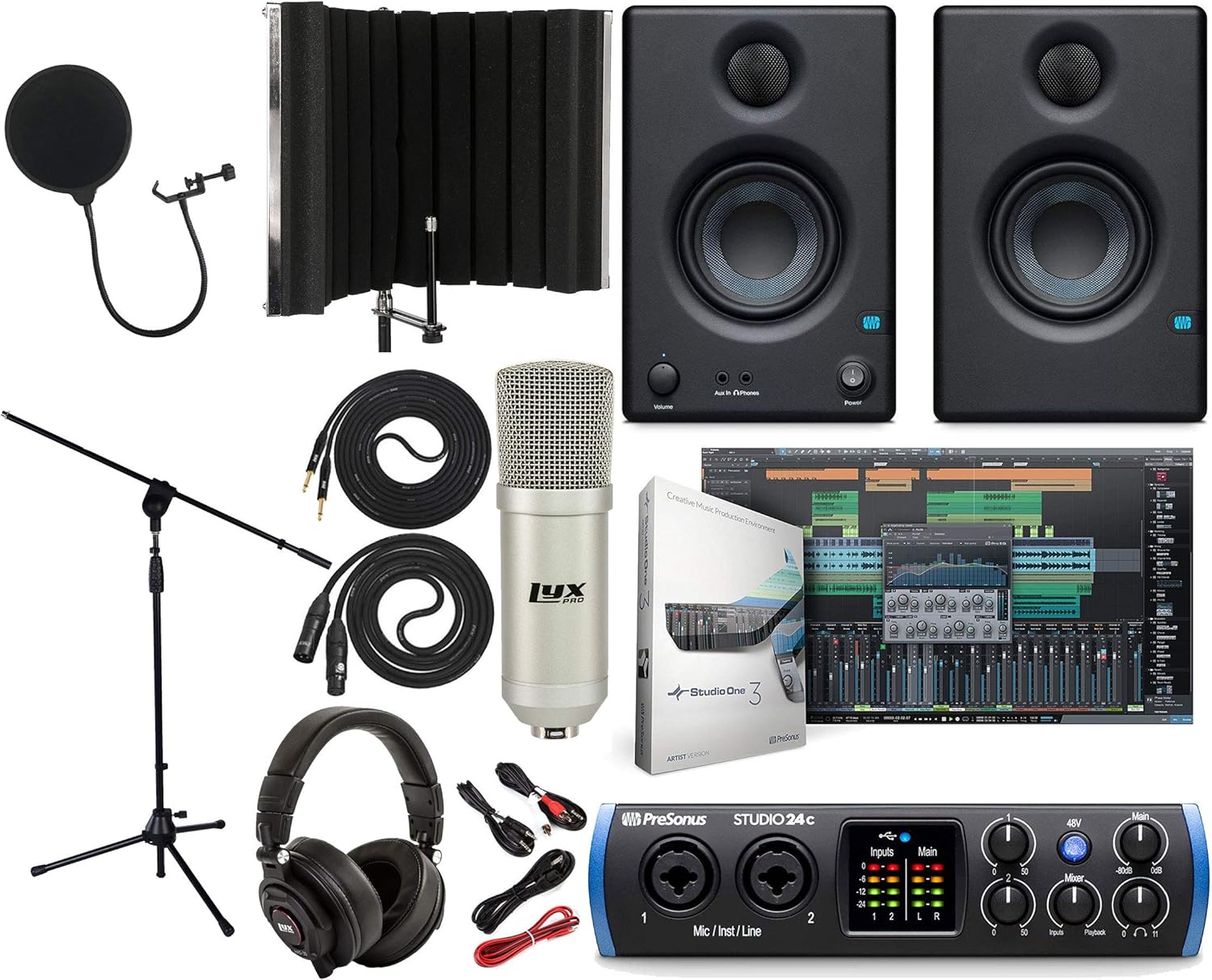 PreSonus Studio 24c 2x2 USB Type-C Audio/MIDI Interface with Eris 3.5 Pair Studio Monitors and 1/4” Instrument Cable and Microphone Isolation Shield
