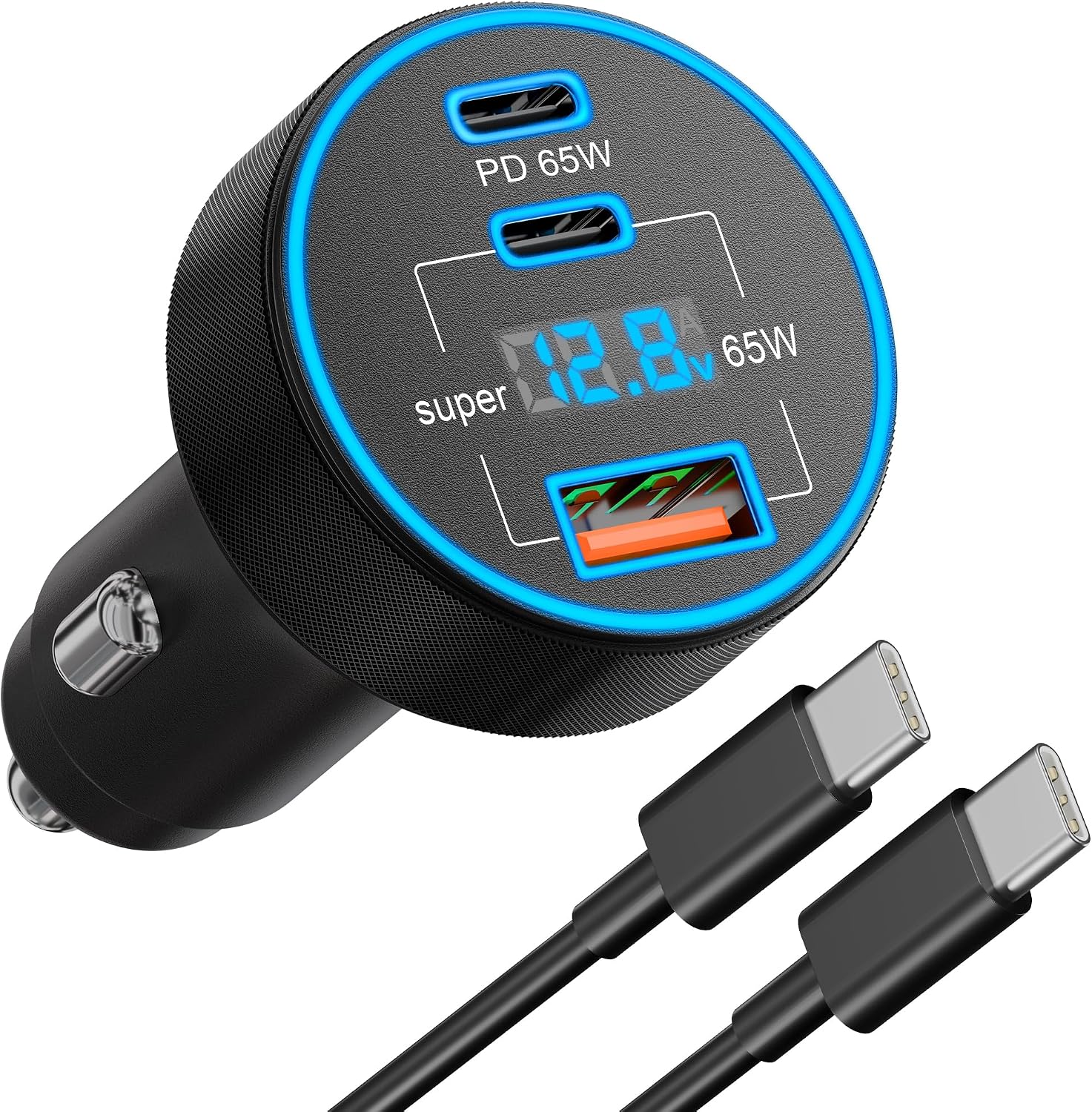 130W USB C Car Charger with Voltage Display, 3-Port Fast Cigarette Lighter | 12V Socket, USB-C/A Car Adapter and 3FT Type-C Cable Cord for iPhone 17/16/15, Samsung S26/S25, iPad, Laptop, Android