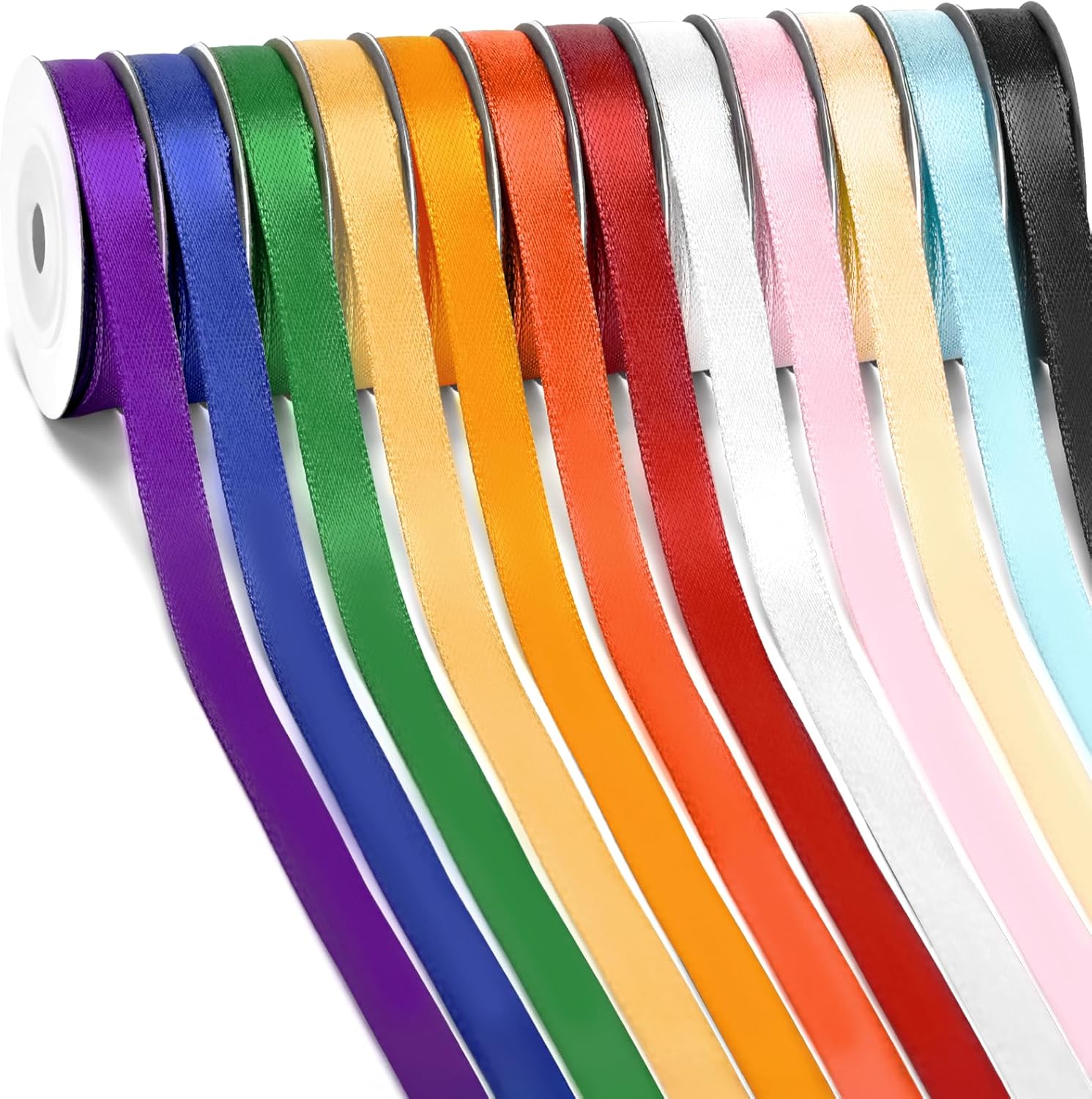 Rainbow Satin Ribbon, 12 Colors 3/8 Inch x 12 Rolls Total 120 Yards, Colorful Ribbon Perfect for Gift Wrapping, Crafts Hair Bows, Flower Bouquet, Wedding Party Decoration and More