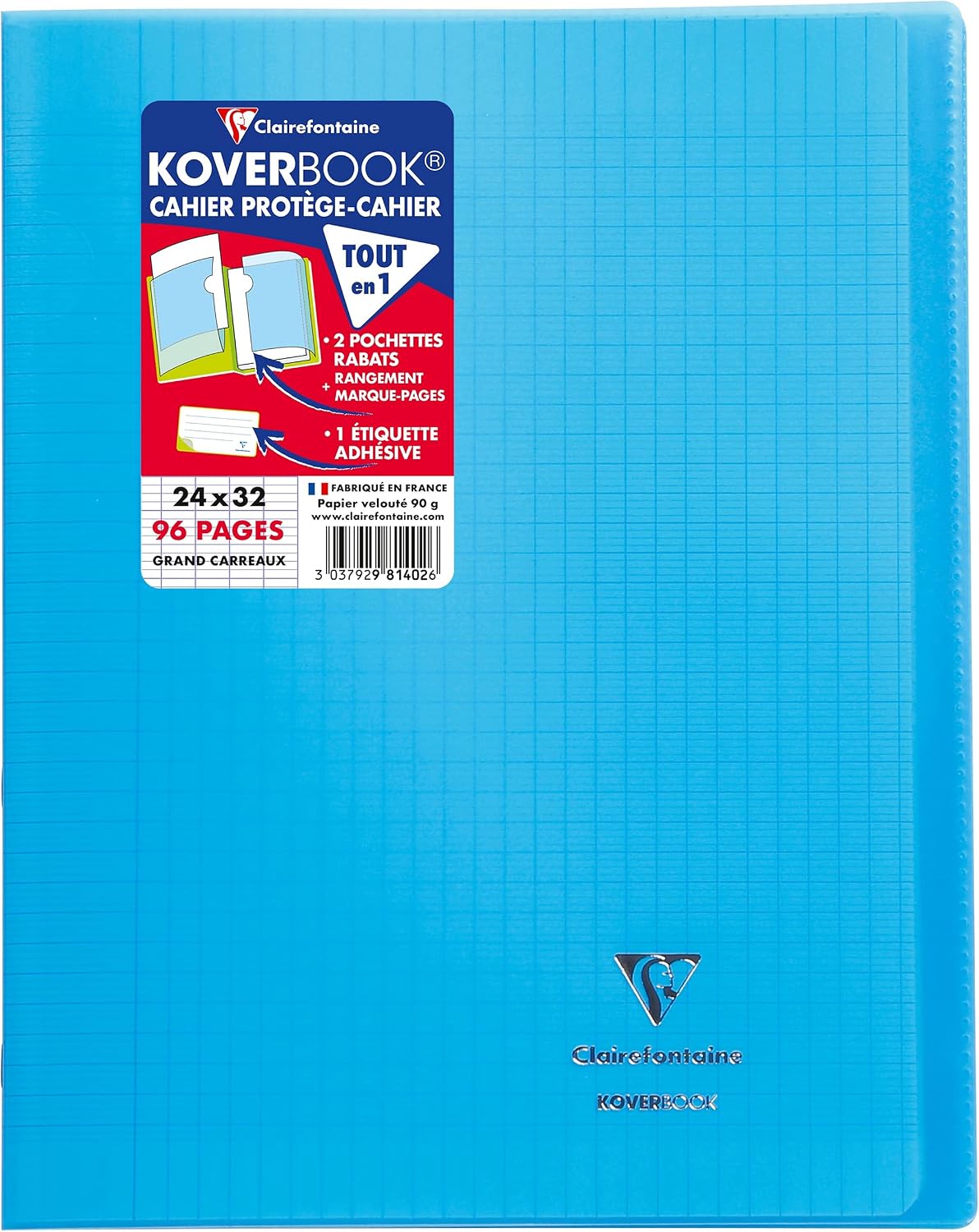Clairefontaine 981402C - One Blue Koverbook Stapled Notebook - Dimensions: 24 cm x 32 cm - 96 Seyes Ruled Pages - White Vellum Paper 90 g - Polypro Cover