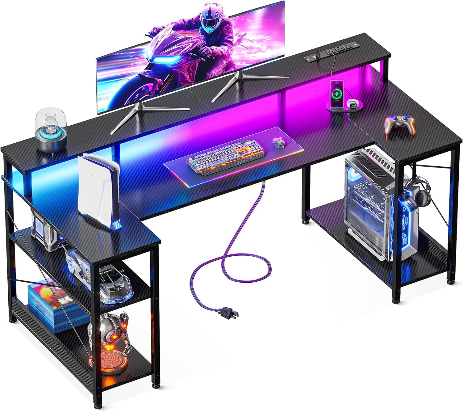 ODK 55 Inch Gaming Desk with LED Lights and Power Outlet, U-Shaped Computer Desk with Monitor Stand and Storage Shelves, PC Gamer Table for Home Office, Carbon Fiber Black