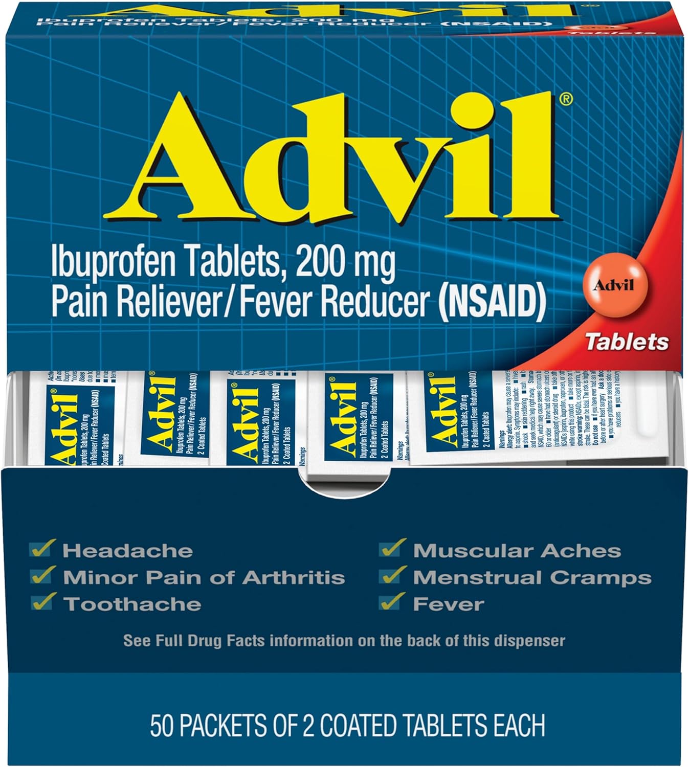 Advil Pain Reliever and Fever Reducer, Pain Relief Medicine with Ibuprofen 200mg for Headache, Backache, Menstrual Pain and Joint Pain Relief - 50x2 Coated Tablets