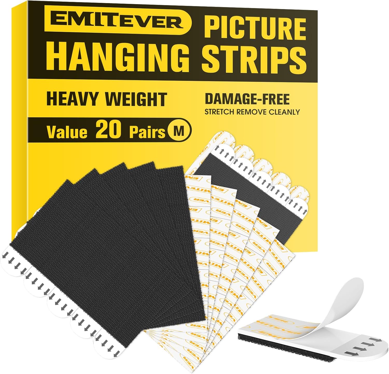 Emitever Picture Hanging Strips Heavy Duty 20 Pairs (40 Piecess), No Damage Picture Adhesive Strips, Hook and Loop Mounting Tape Black (M)