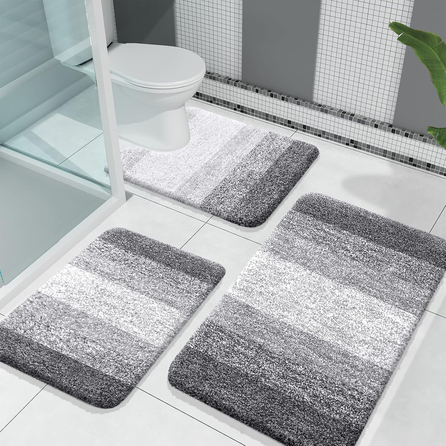 OLANLY Bathroom Rugs Sets 3 Piece, Soft Absorbent Microfiber Bath Mats and U-Shaped Contour Toilet Rug, Plush Shaggy Bath Mat Set for Bathroom (30"x20"+24"x16"+24"x20", Grey)