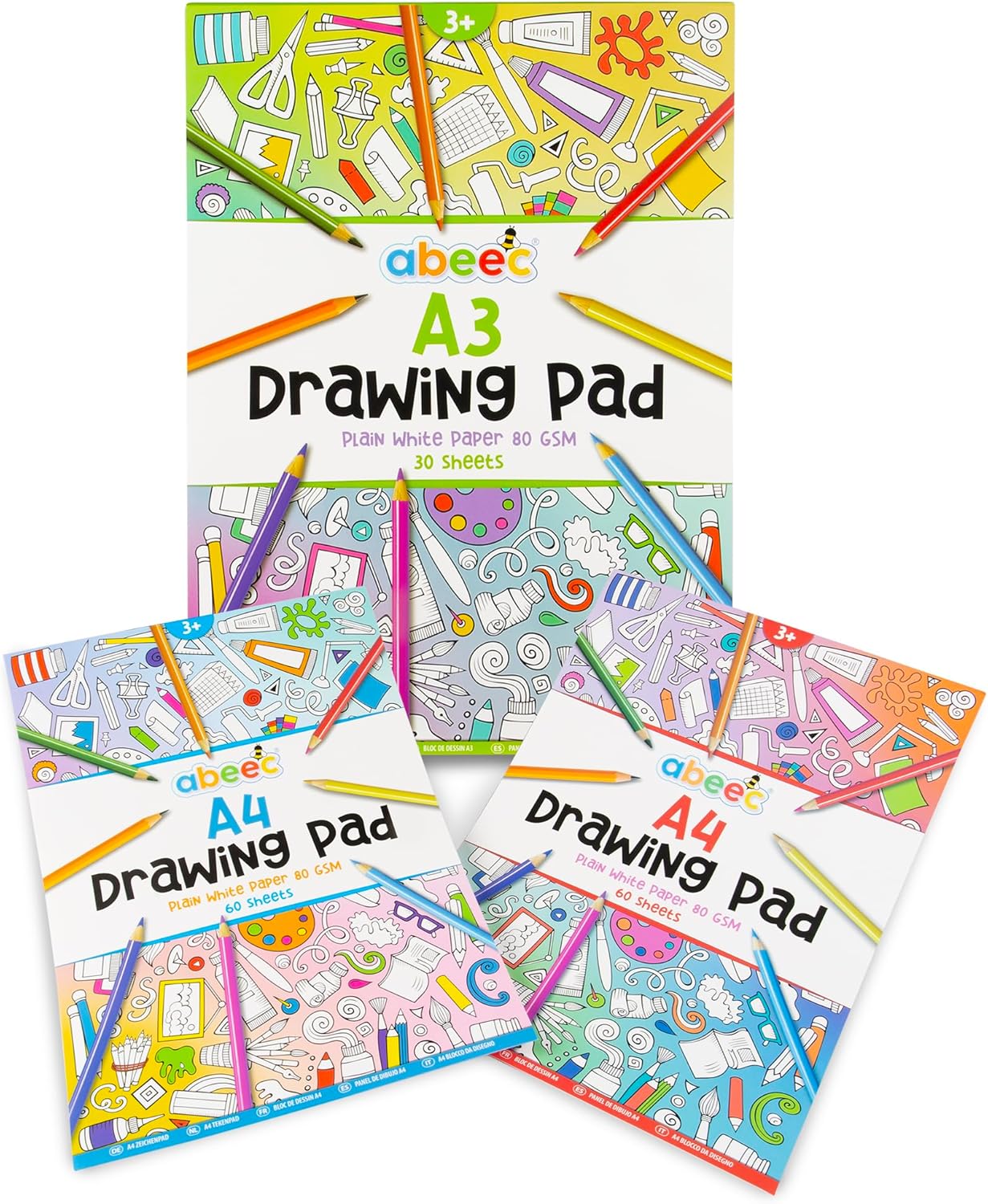 abeec 3 Drawing Pads for Children - (3 Pack) Includes 2 x A4 Plain Sketch Pads and 1 x A3 Plain Sketch Book - 150 Sheets in Total of Drawing Paper Perfect for Arts and Craft Activities