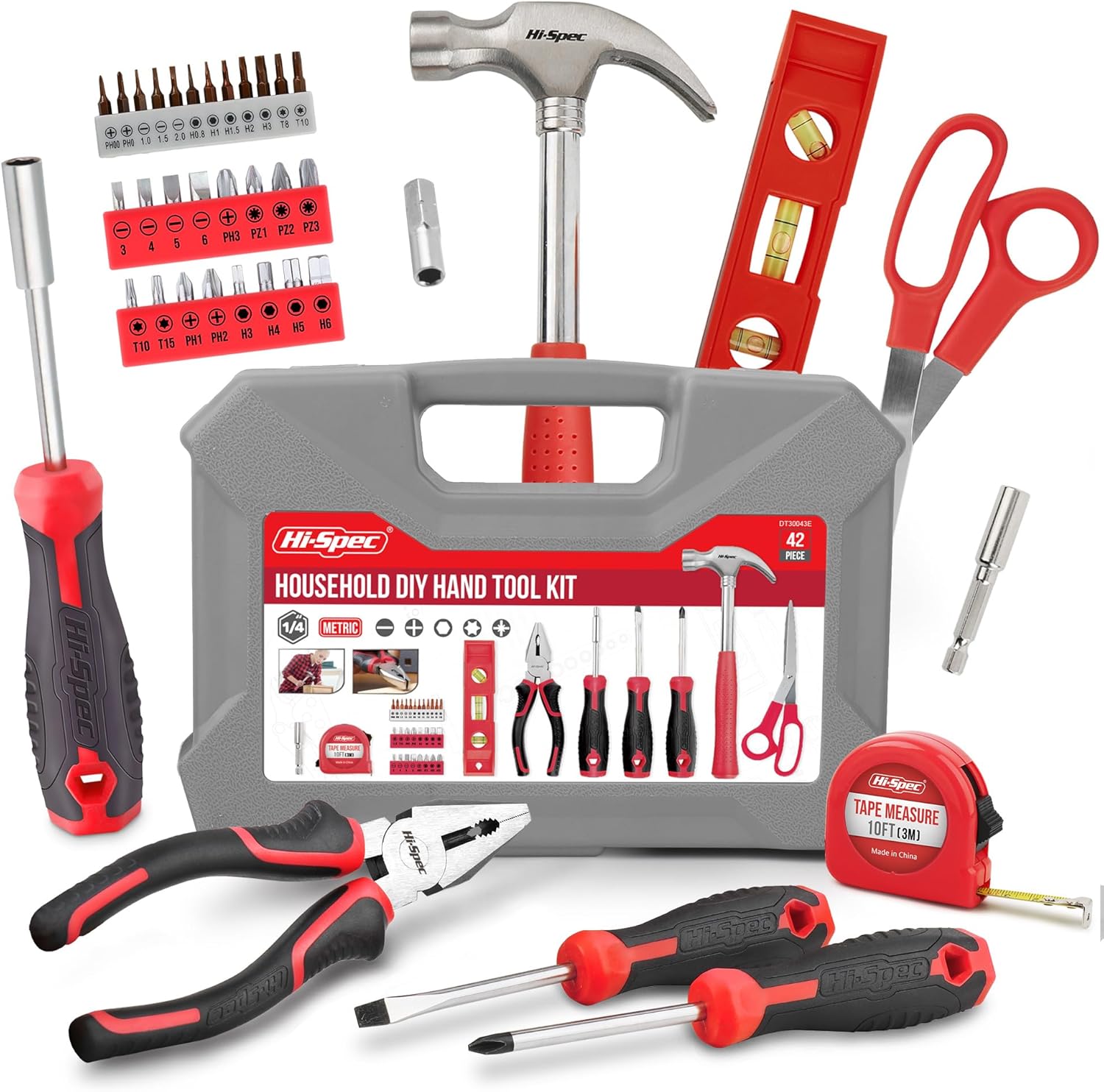 Hi-Spec Hand Tool Kit Set for Home & Office 42 Piece Red - Essential DIY Tools for Repairs and Maintenance with Plastic Tool Box Storage, New Home Essentials