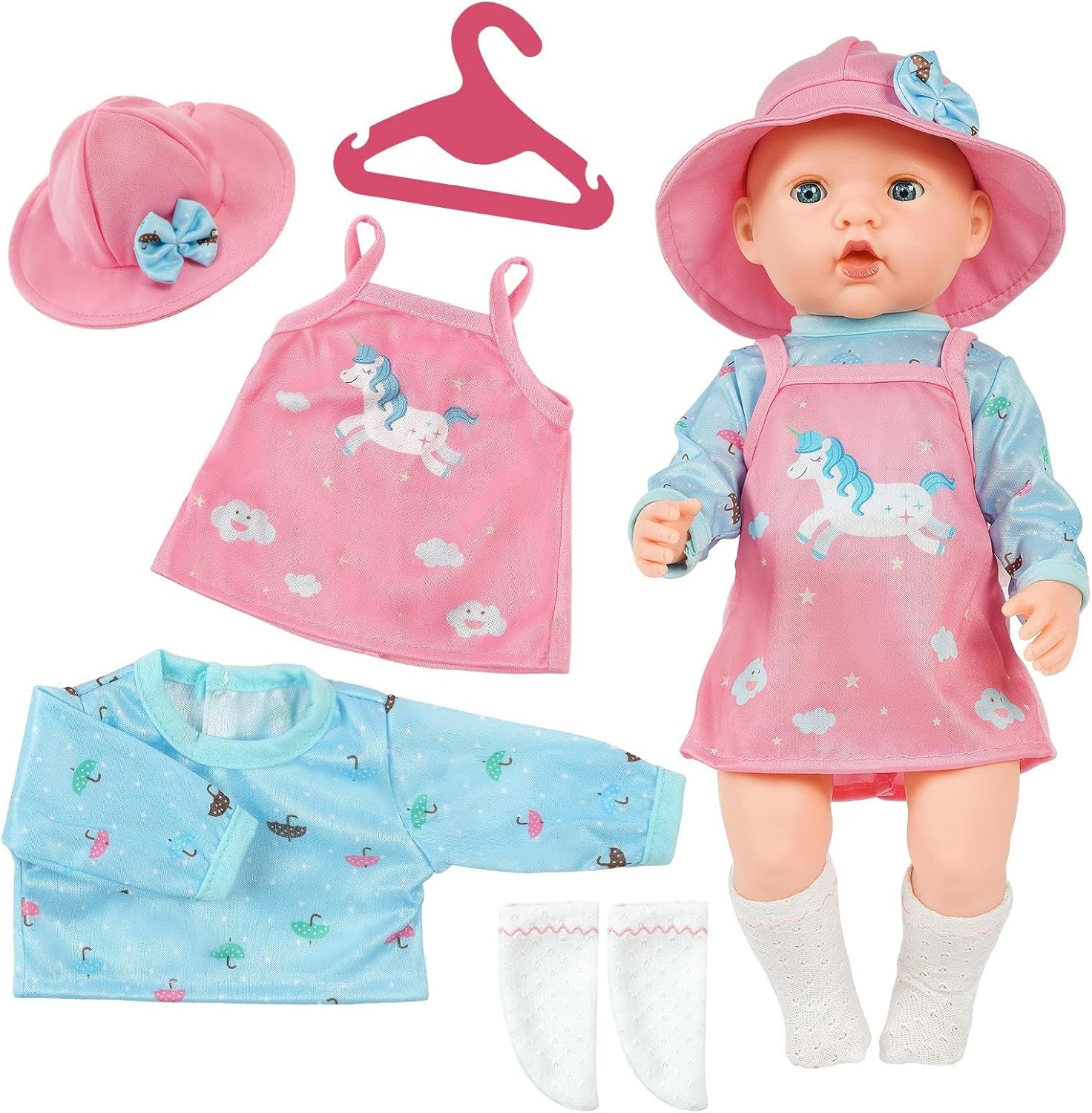 Aolso Baby Doll Clothes for 14-18 Inch Doll 35-45 cm Baby Doll, New Doll Clothes Outfits, Sweet Outfits Long Sleeve Strap Dress with Coat hanger, New Born Baby Dolls Girls Birthday (Pink-Blue)